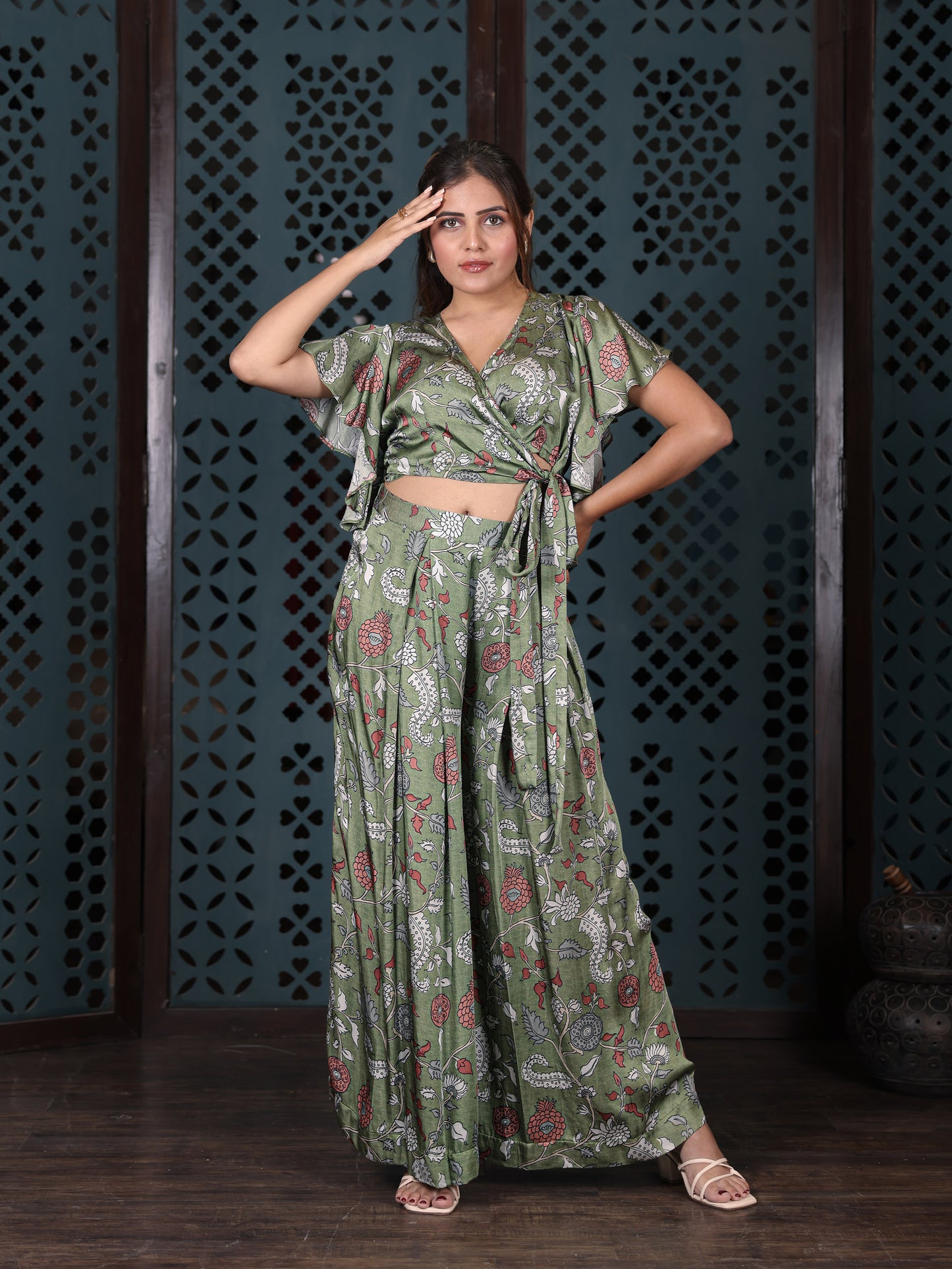 Olive Green Floral Wrap Top With Flared Palazzo