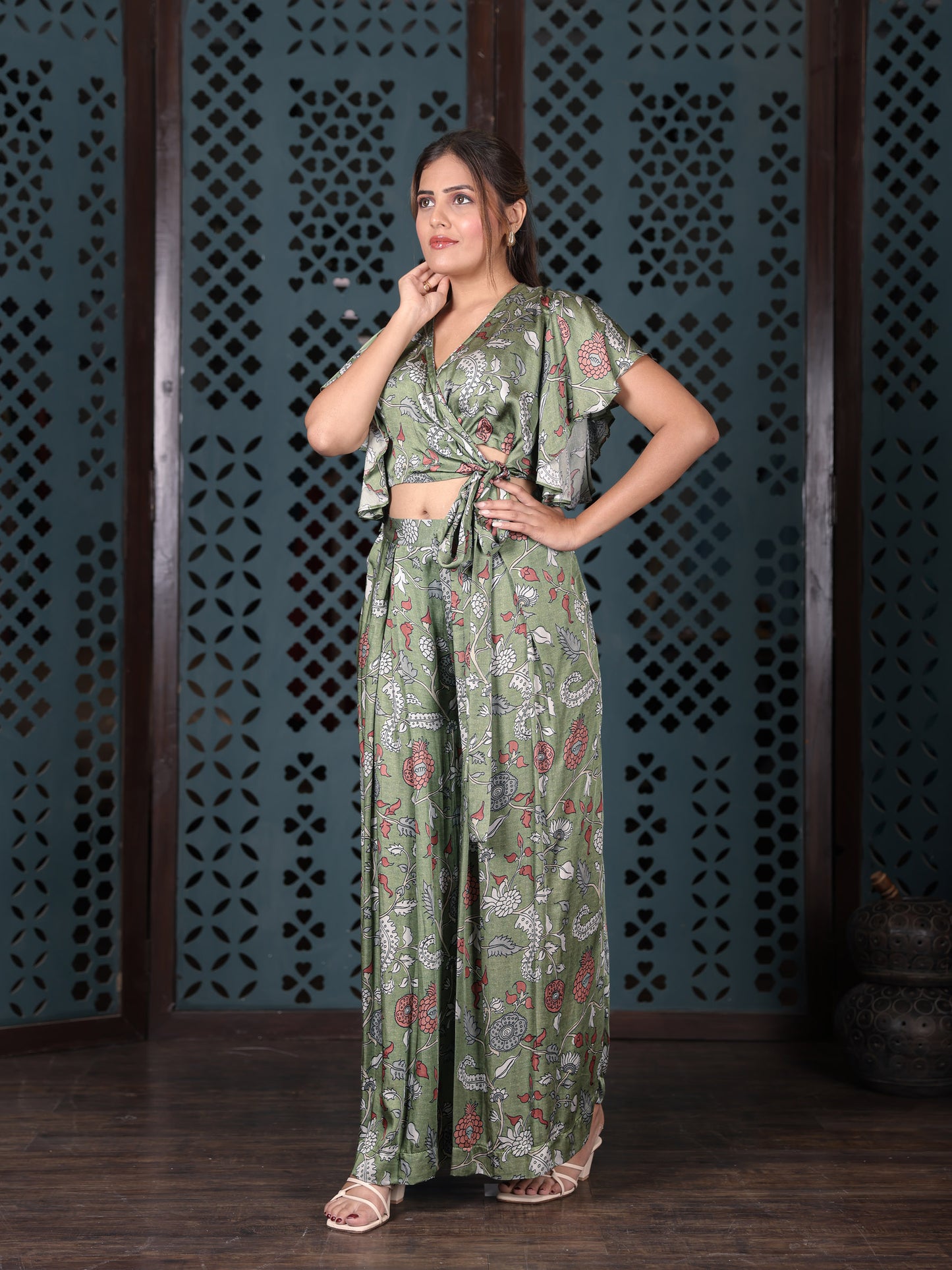 Olive Green Floral Wrap Top With Flared Palazzo