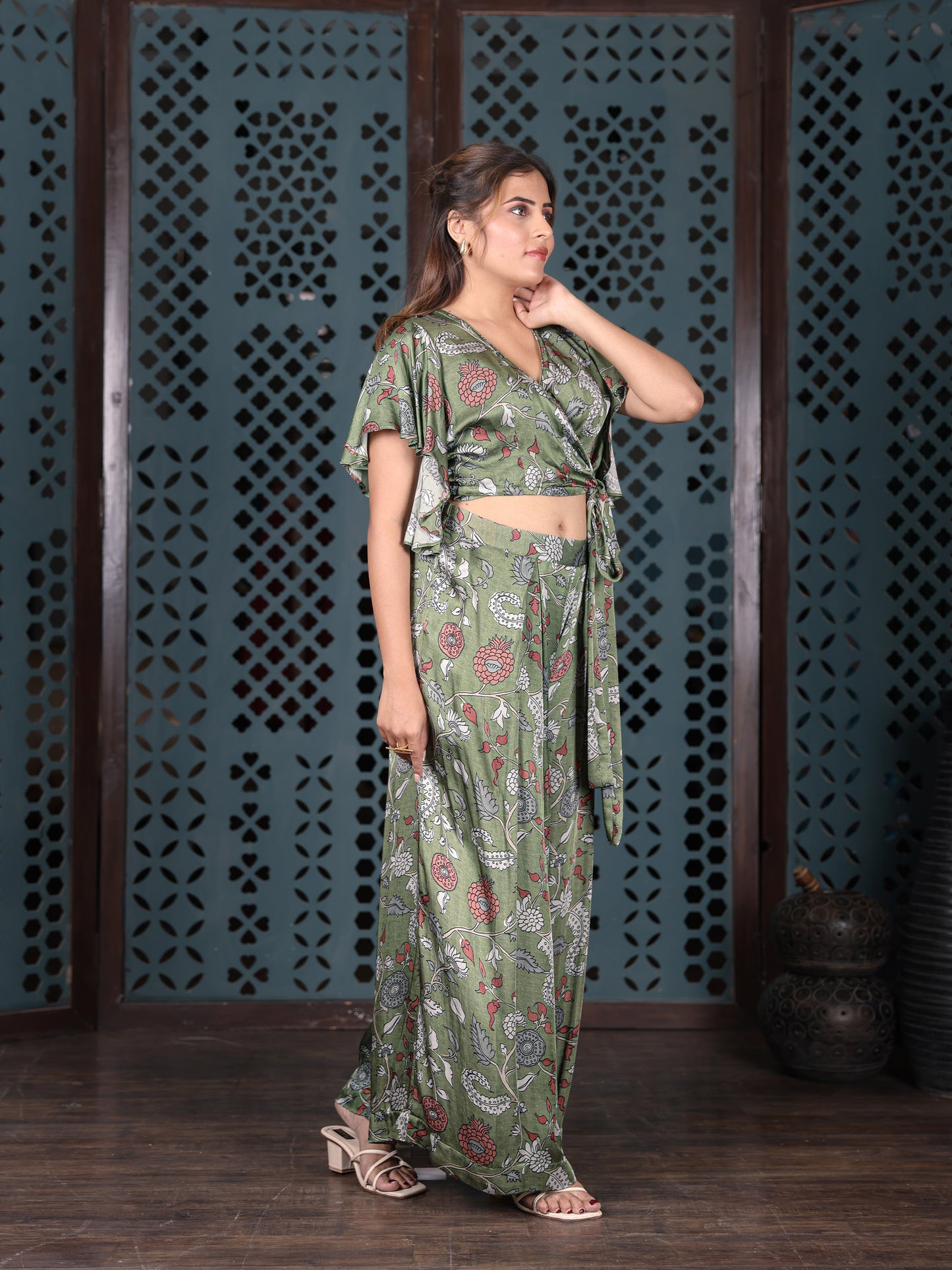 Olive Green Floral Wrap Top With Flared Palazzo