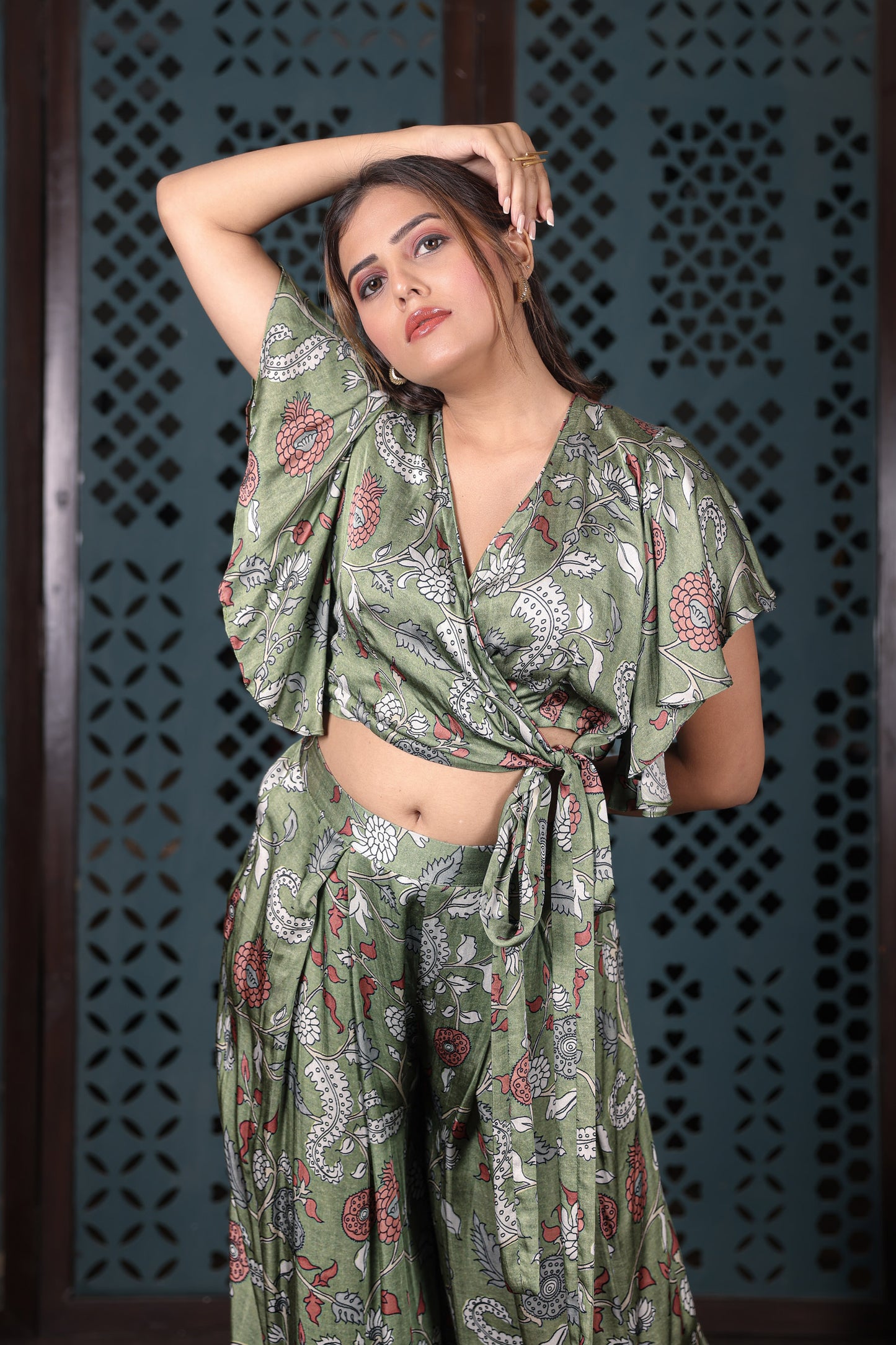 Olive Green Floral Wrap Top With Flared Palazzo