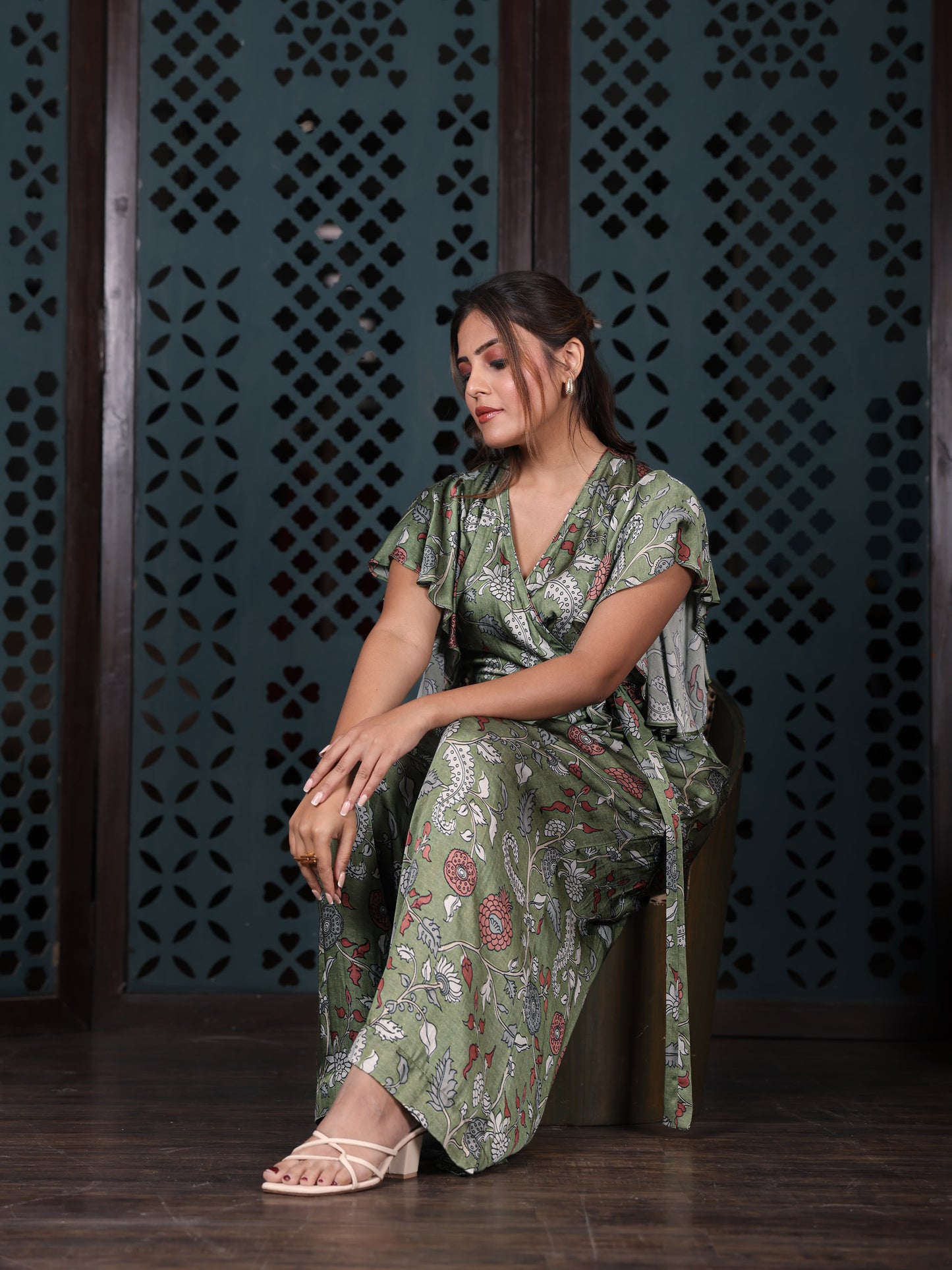 Olive Green Floral Wrap Top With Flared Palazzo