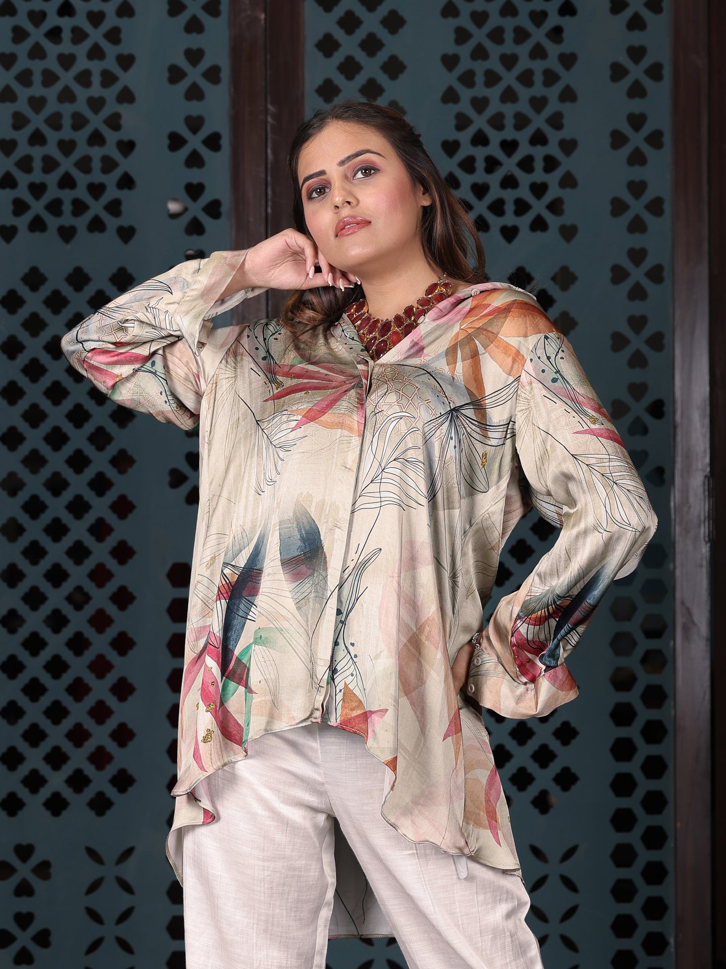Ivory Printed High-low Shirt
