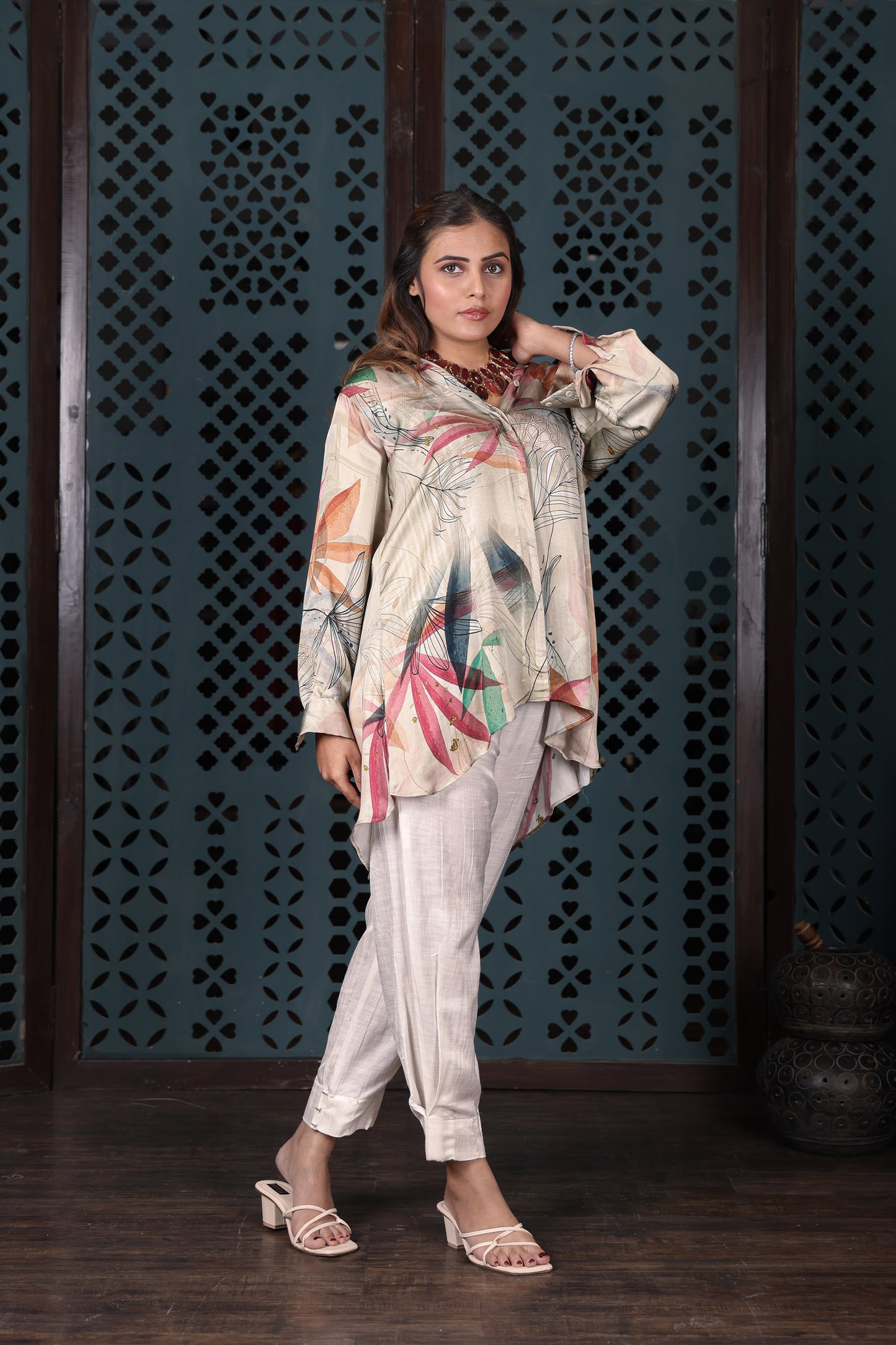 Ivory Printed High-low Shirt
