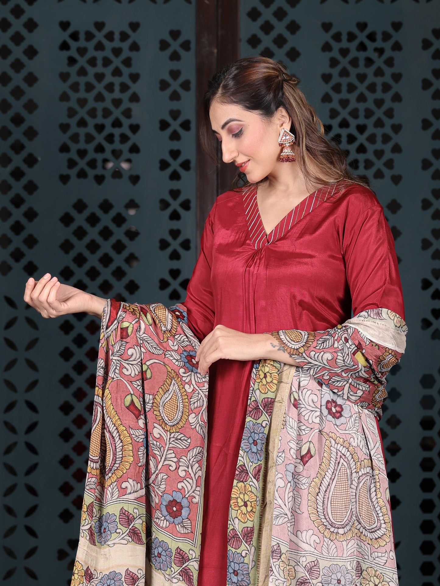 Crimson Red Cotton Kurta Set With Printed Dupatta