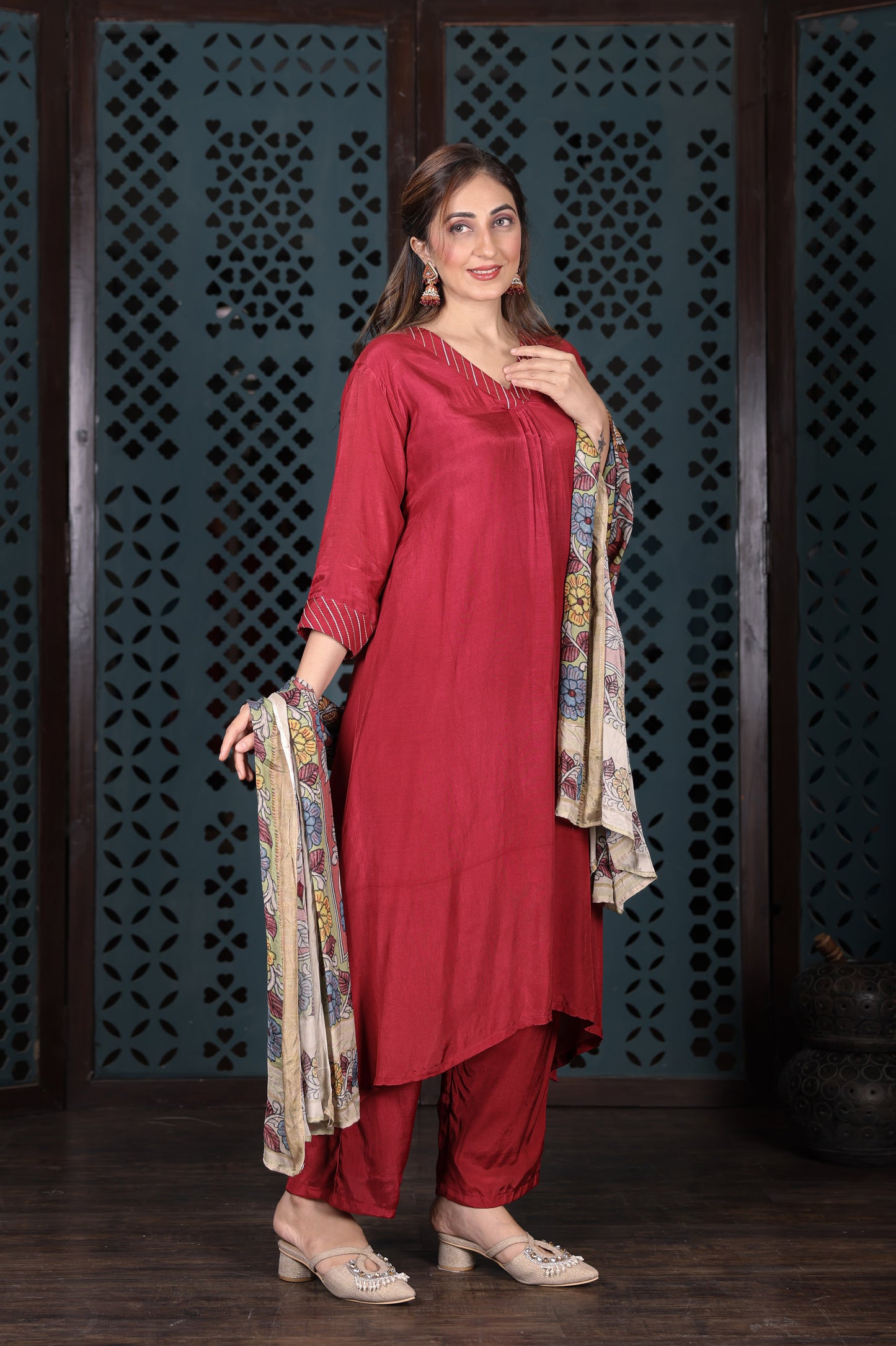 Crimson Red Cotton Kurta Set With Printed Dupatta