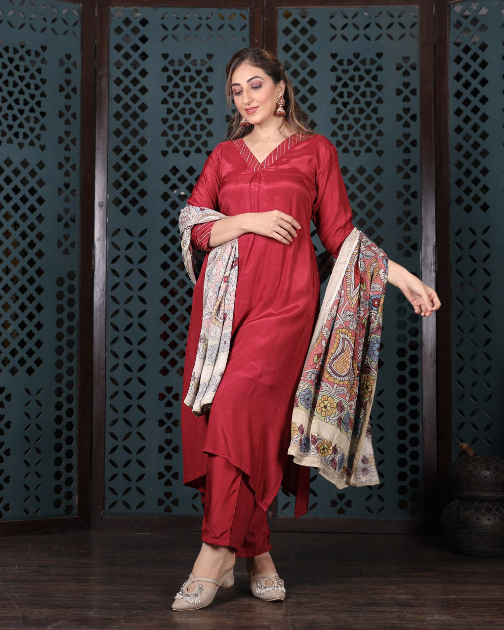 Crimson Red Cotton Kurta Set With Printed Dupatta