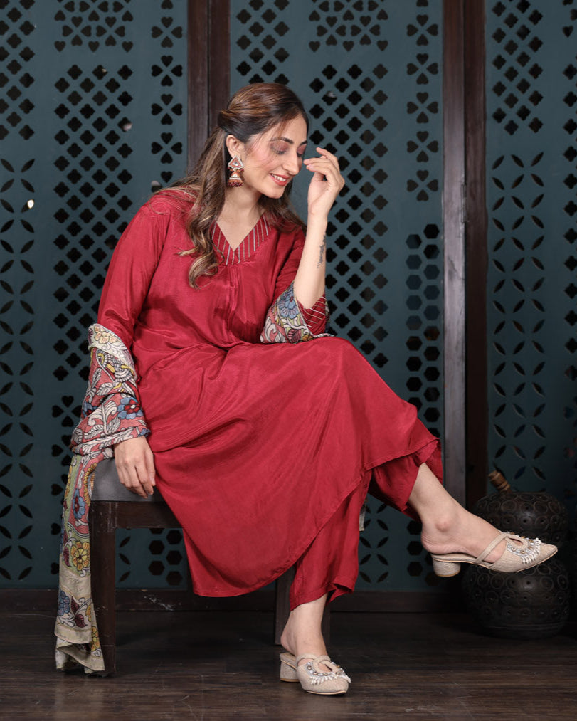 Crimson Red Cotton Kurta Set With Printed Dupatta