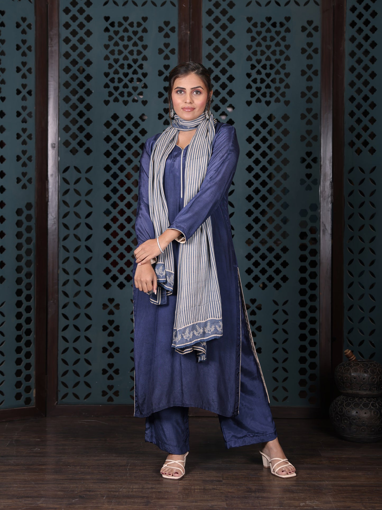 Indigo Blue Cotton Kurta Set With Striped Dupatta