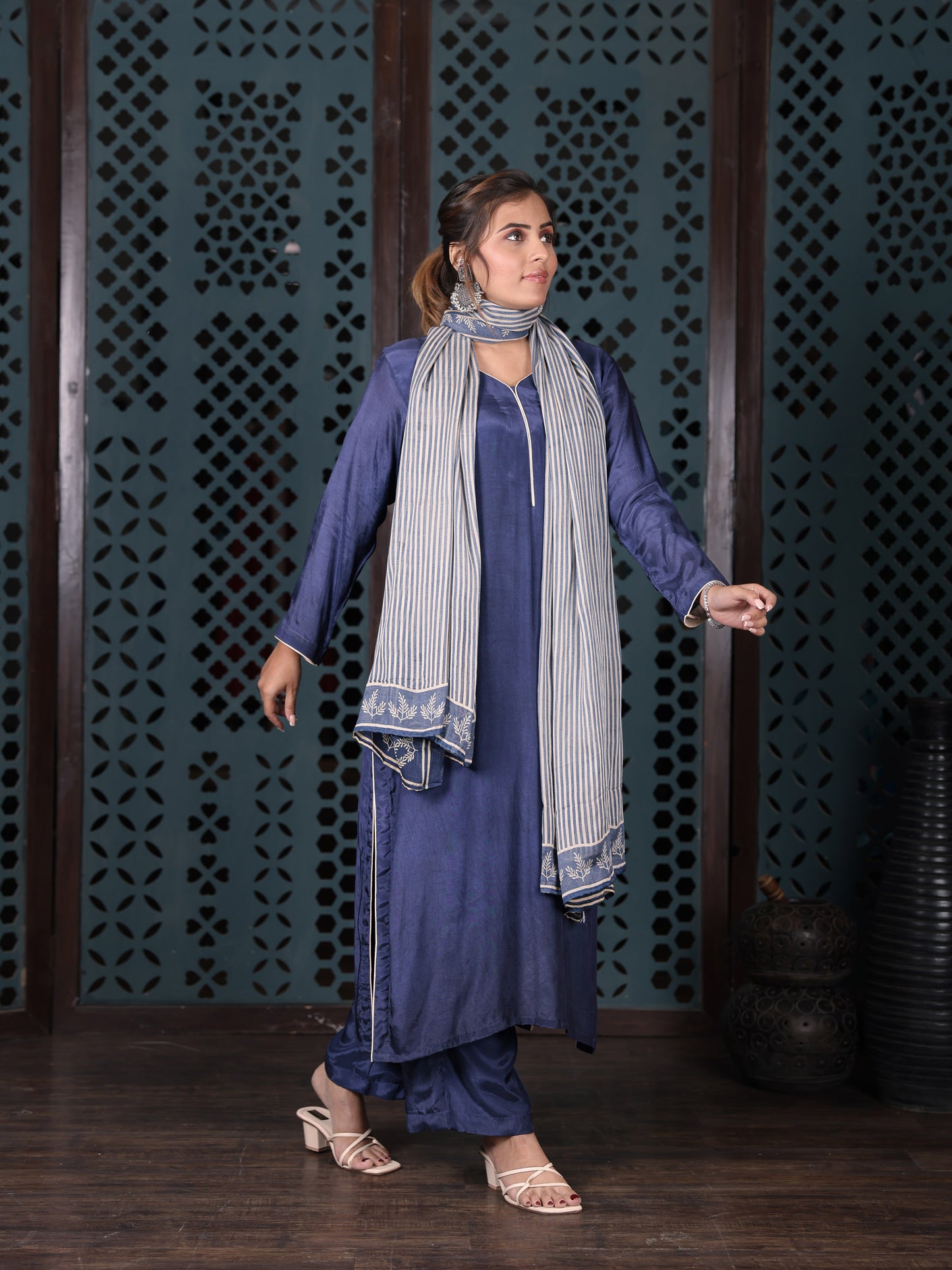 Indigo Blue Cotton Kurta Set With Striped Dupatta