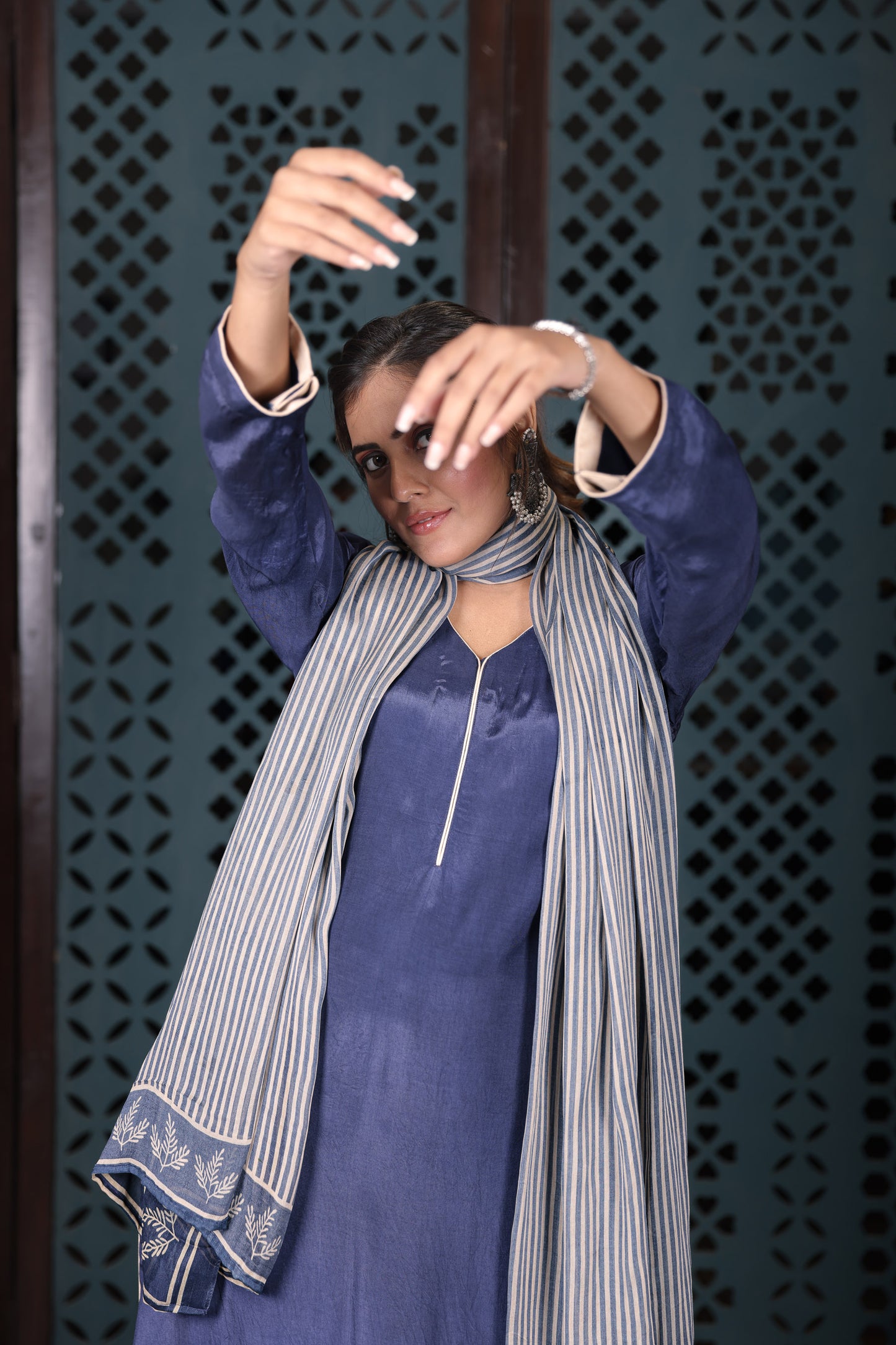 Indigo Blue Cotton Kurta Set With Striped Dupatta
