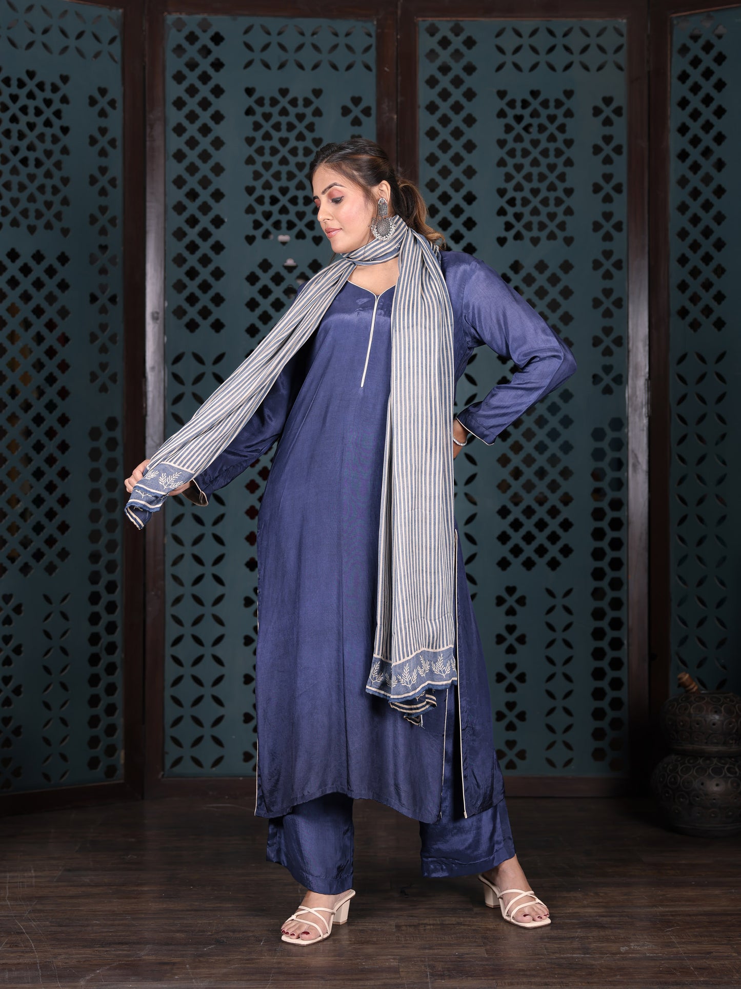 Indigo Blue Cotton Kurta Set With Striped Dupatta