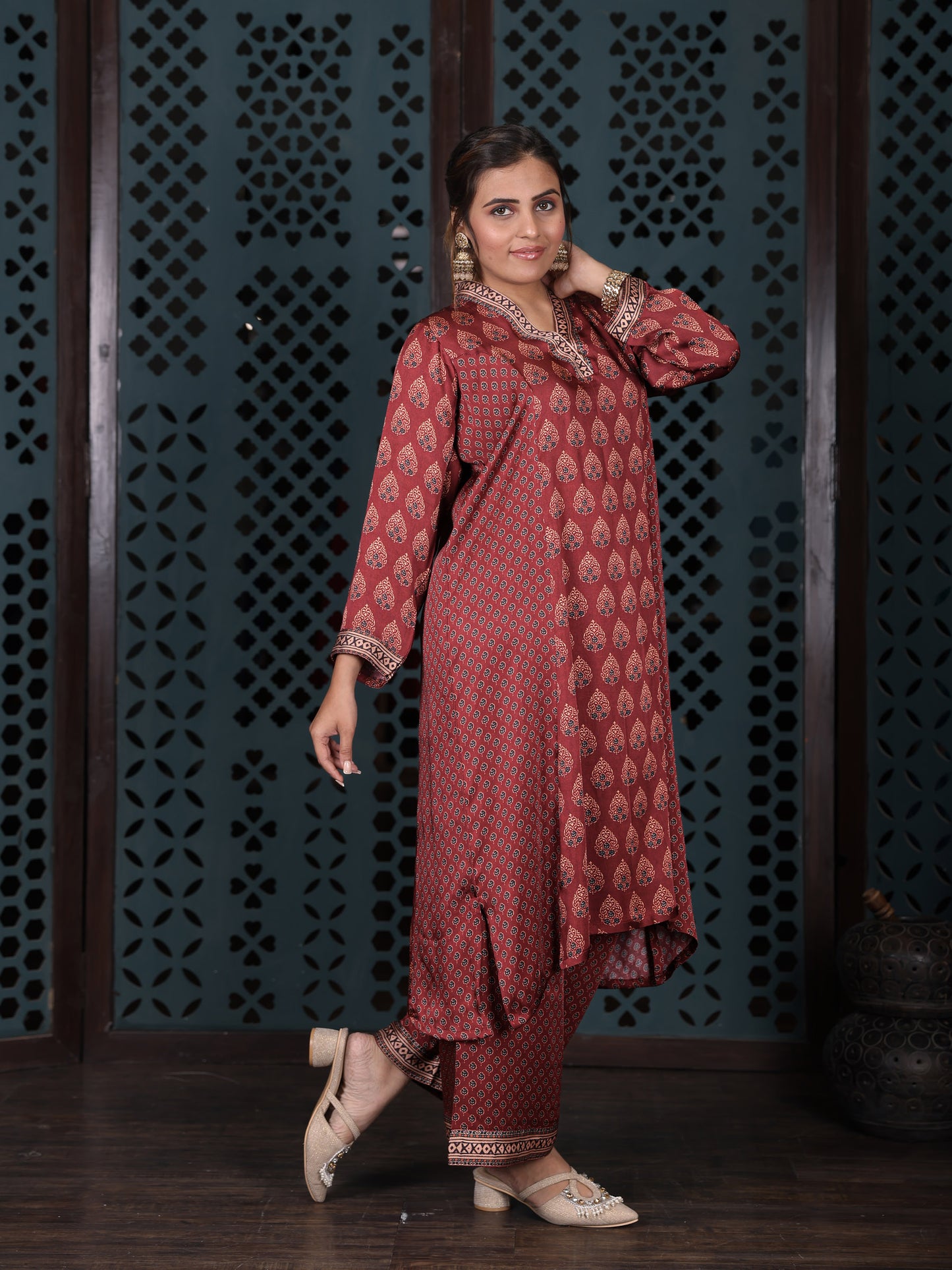 Maroon Ethnic Printed Kurta Set