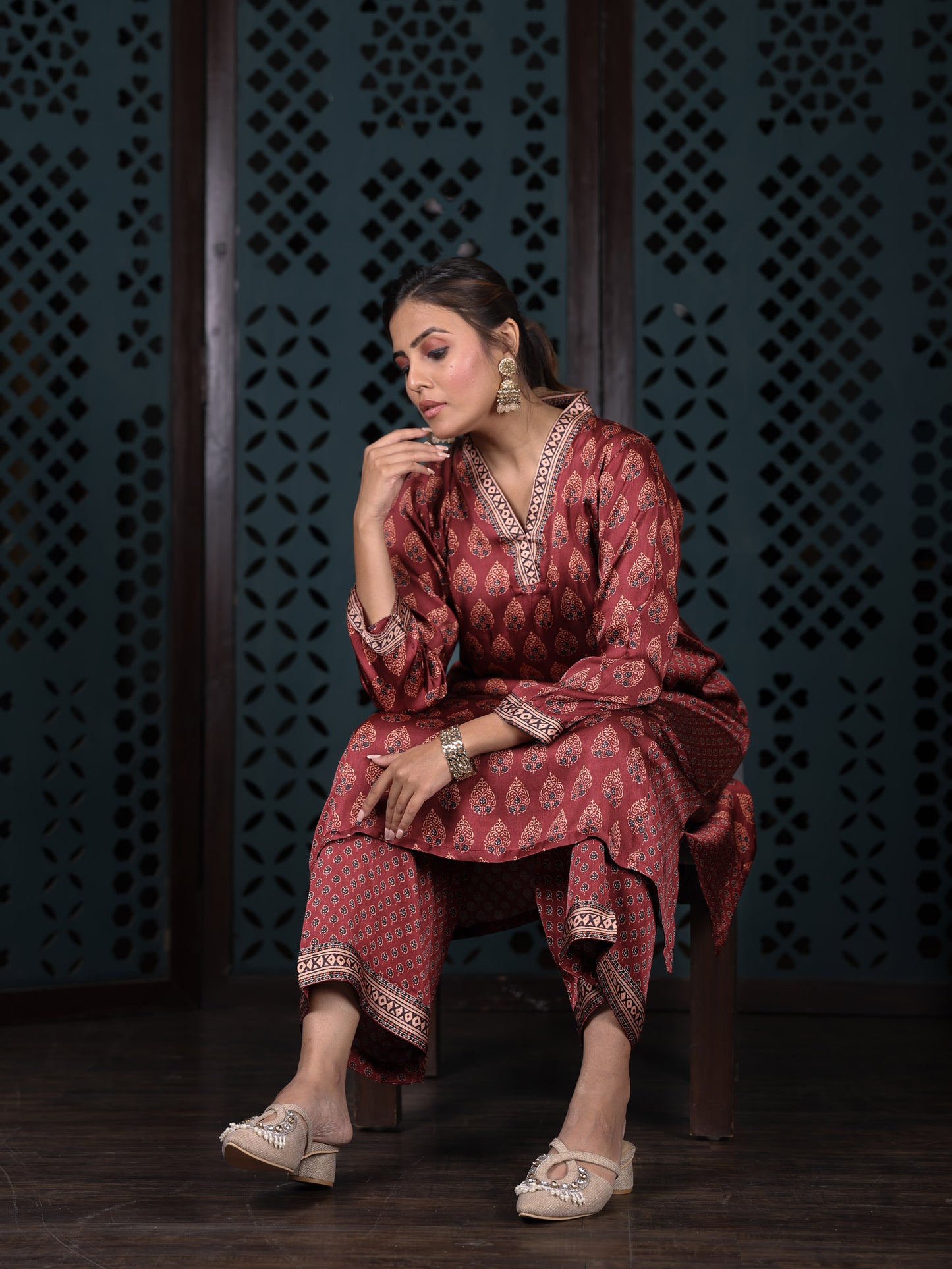 Maroon Ethnic Printed Kurta Set