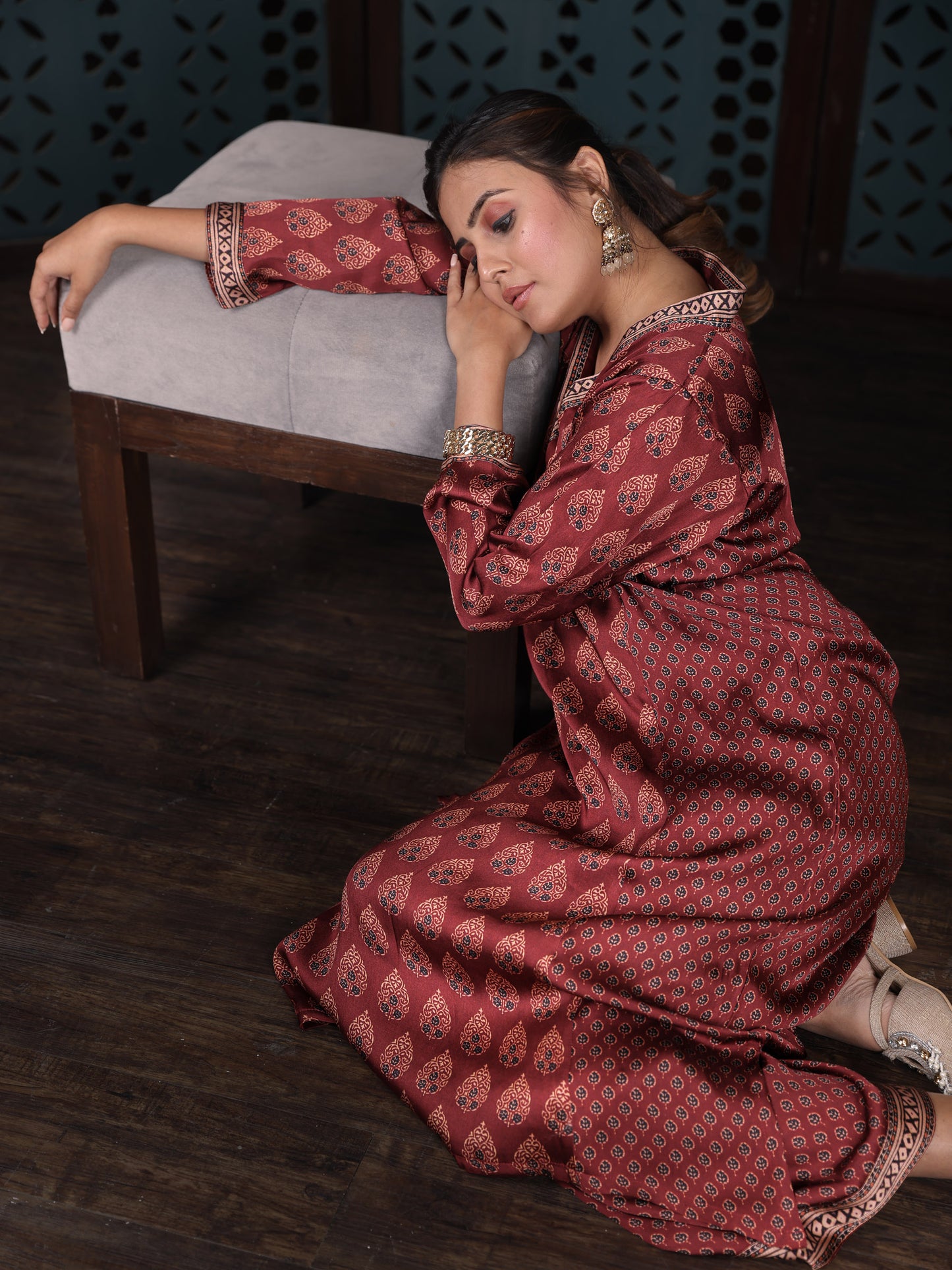 Maroon Ethnic Printed Kurta Set