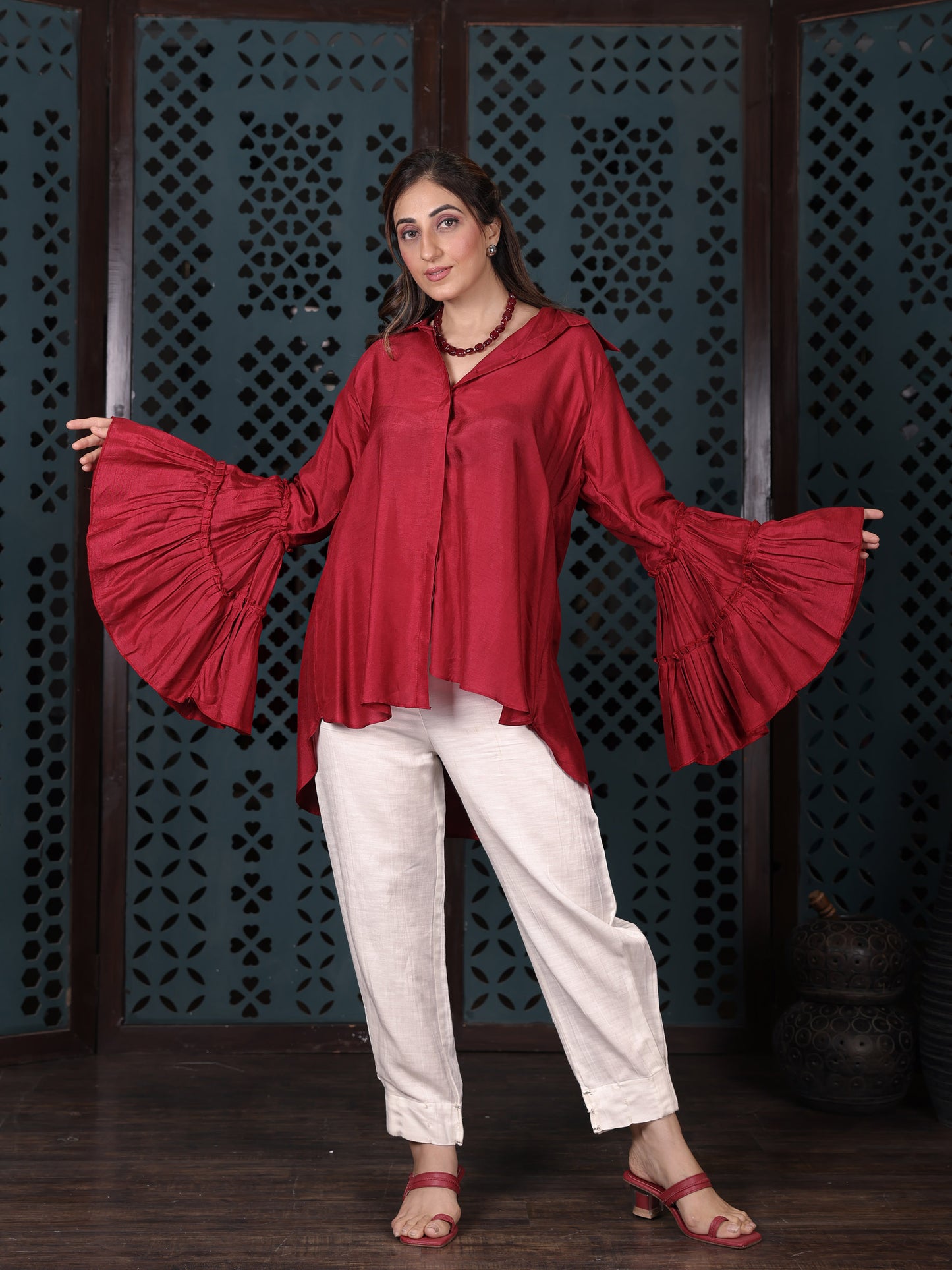 Red Shirt With Bell Flared Sleeves