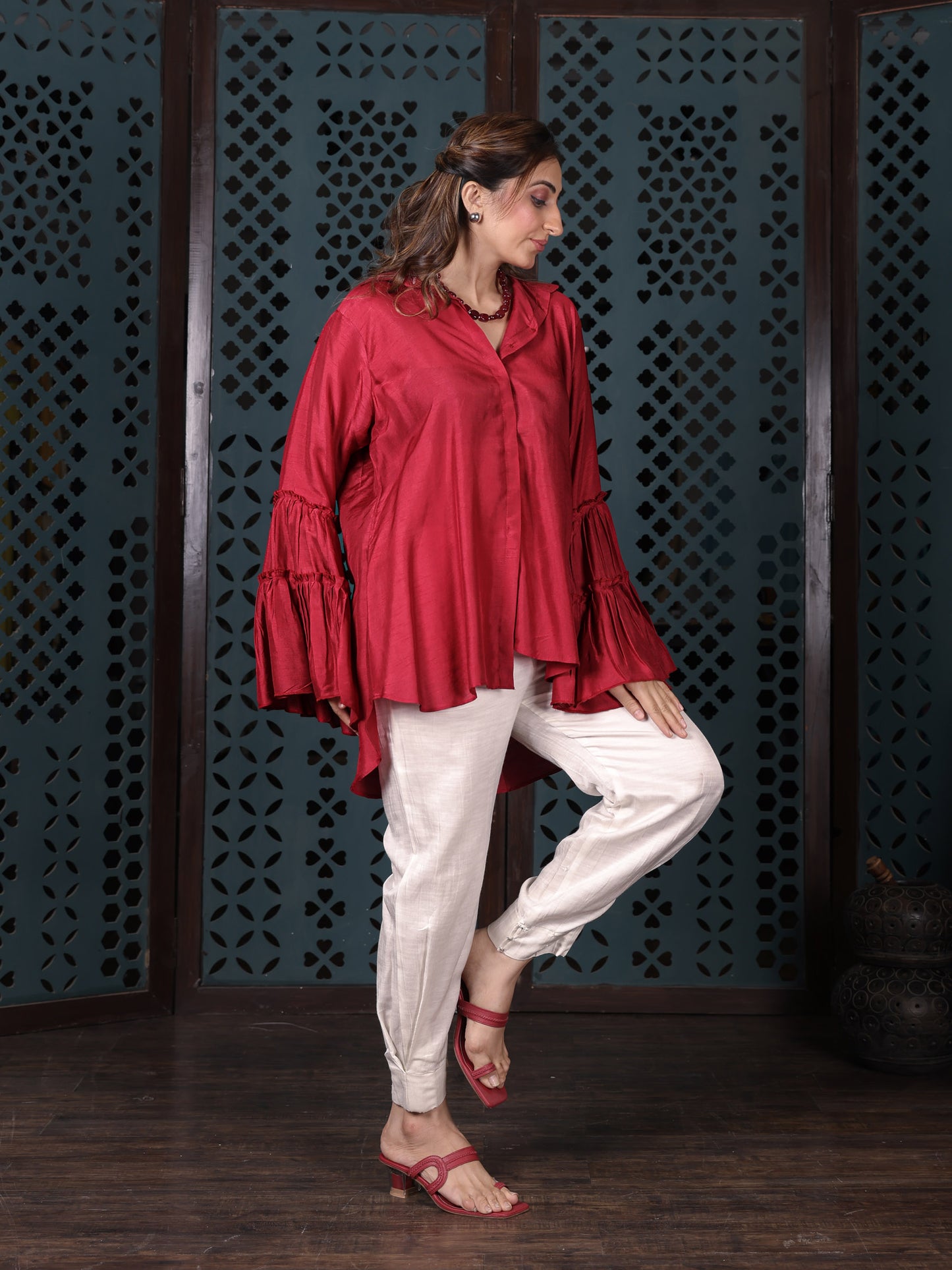 Red Shirt With Bell Flared Sleeves