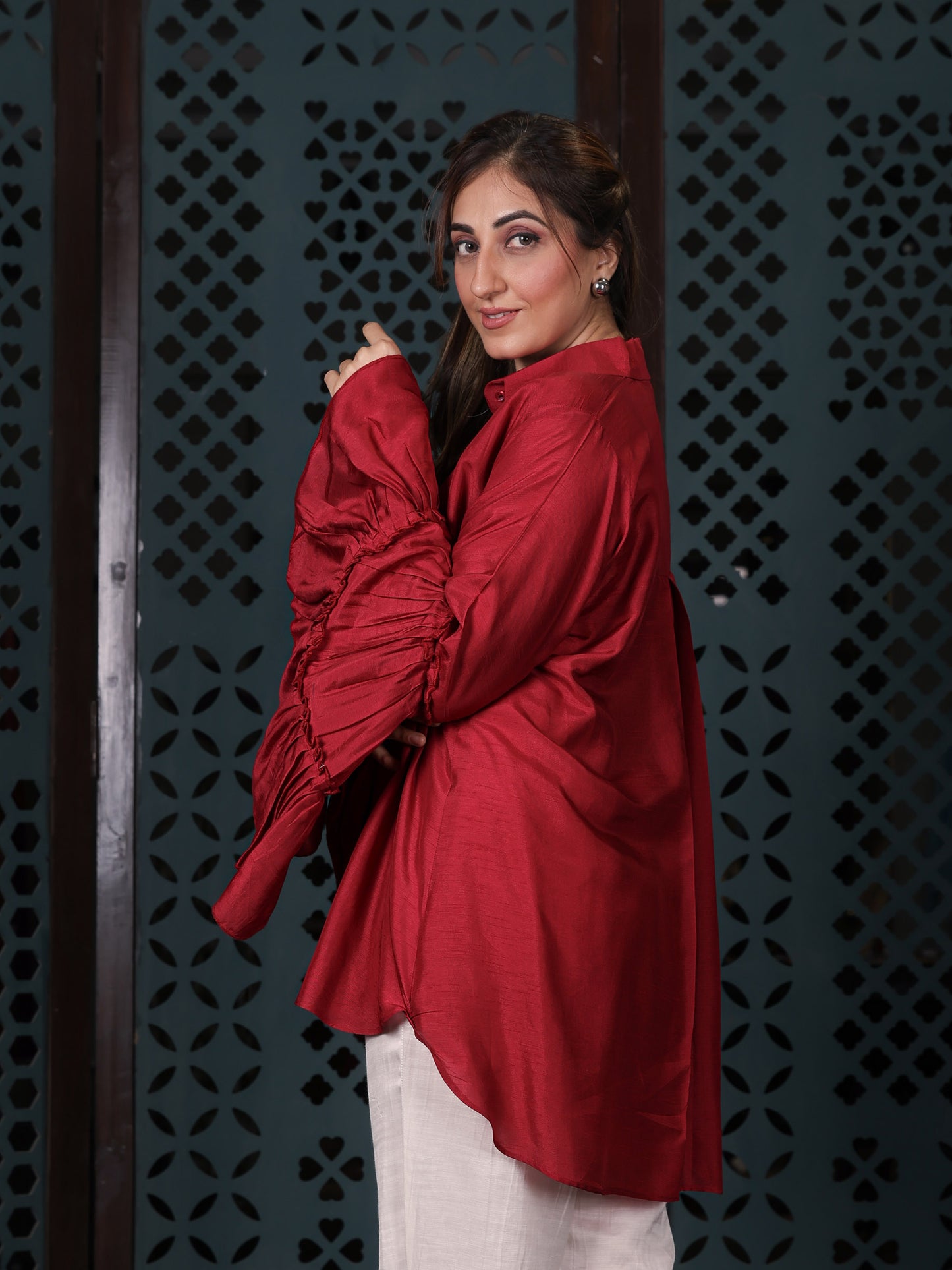 Red Shirt With Bell Flared Sleeves