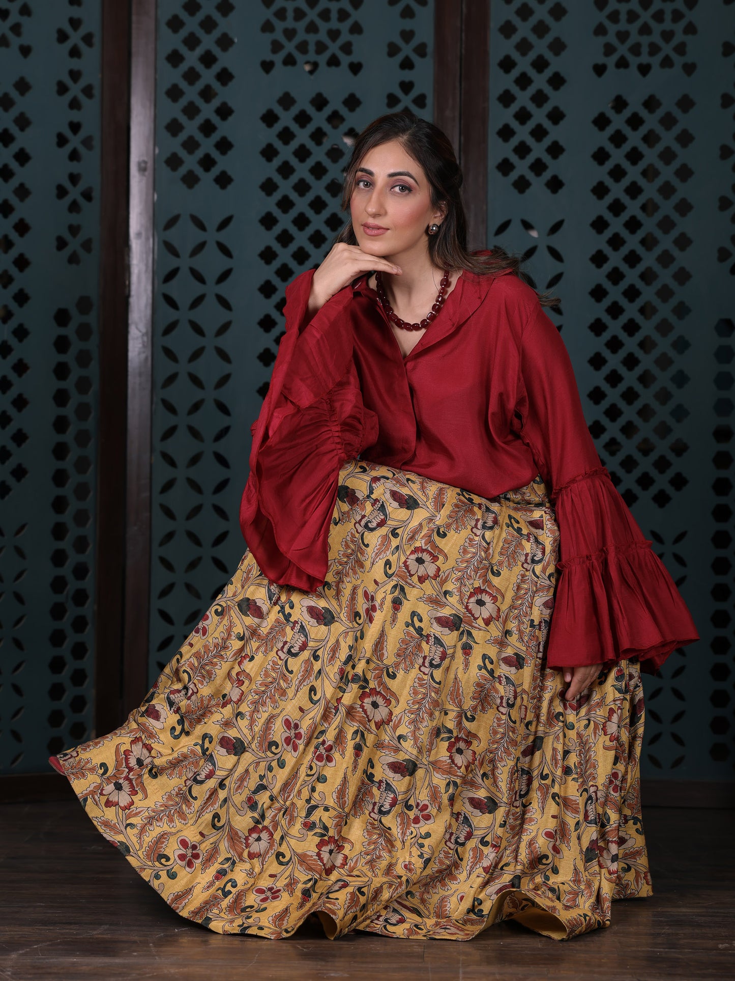 Yellow Floral Printed Flared Skirt