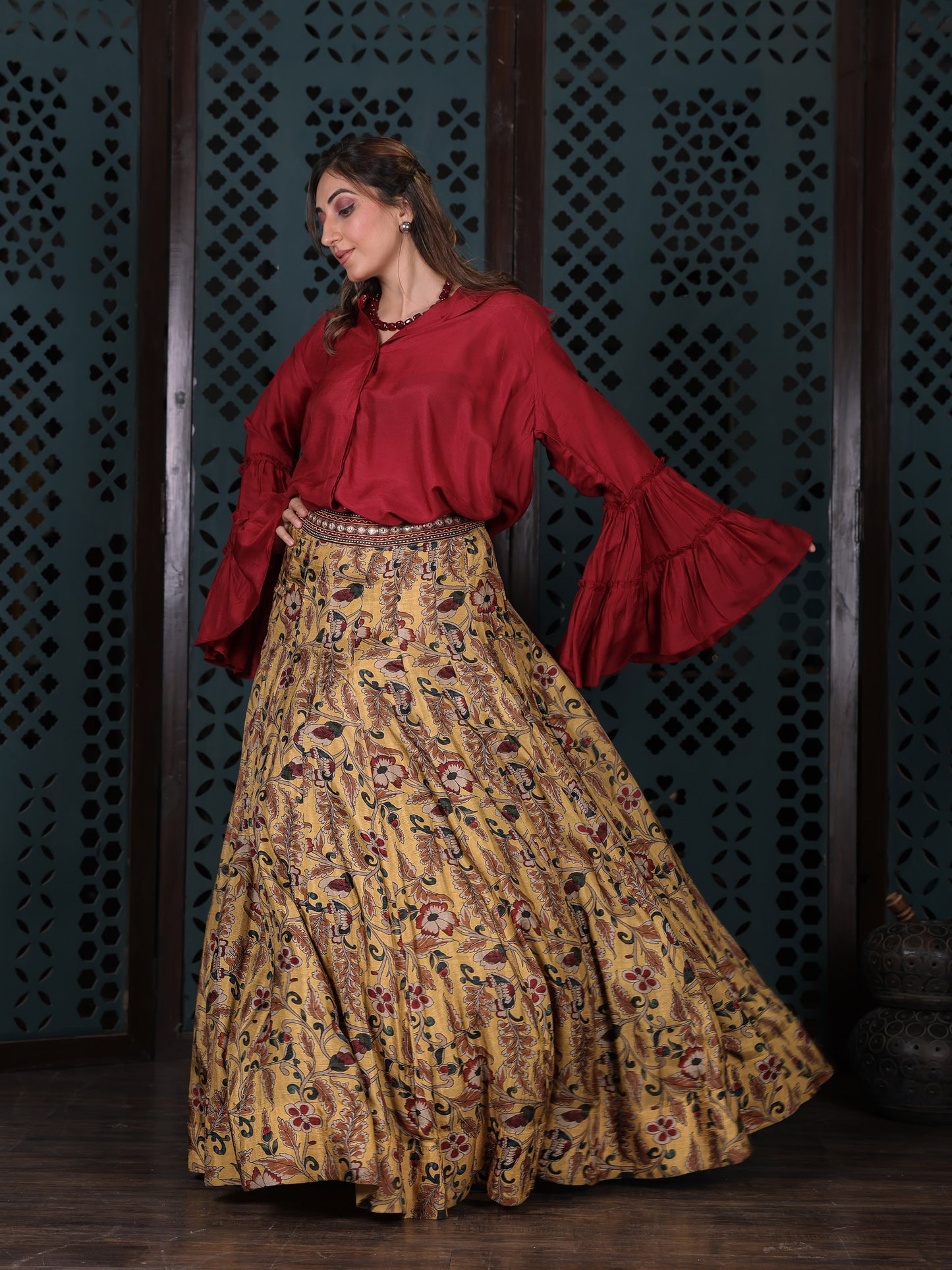 Yellow Floral Printed Flared Skirt
