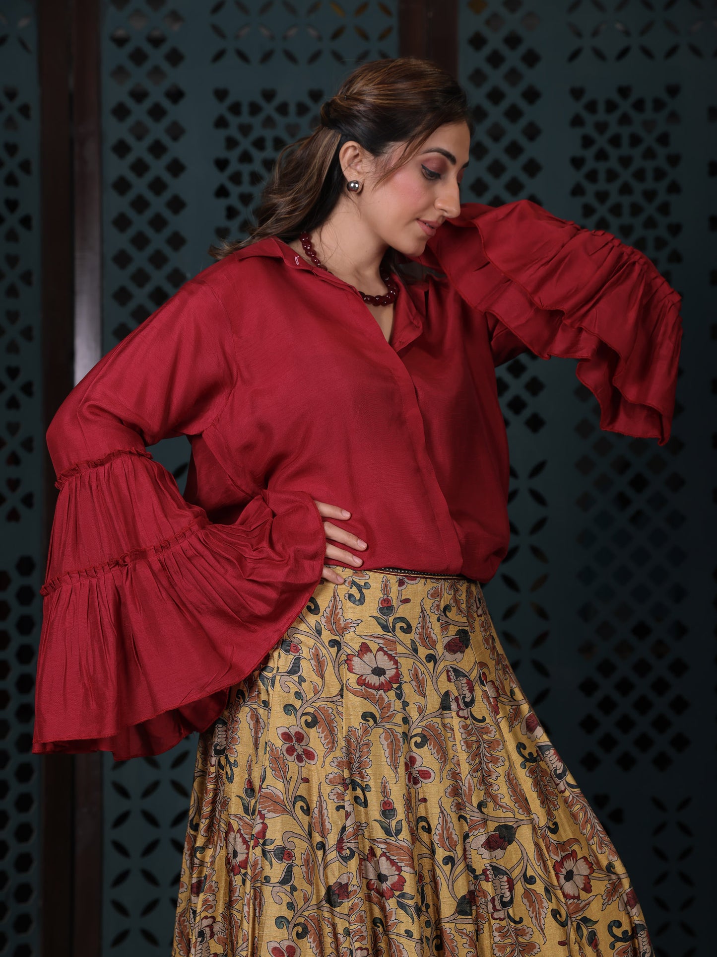 Yellow Floral Printed Flared Skirt