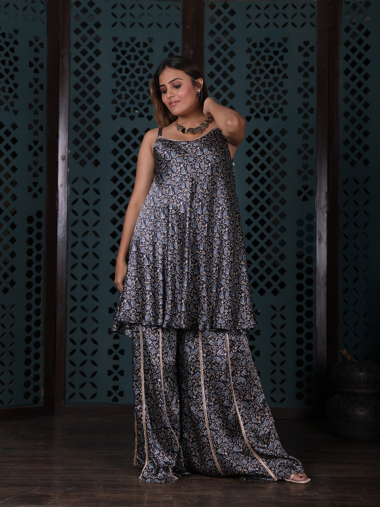 Navy Blue Leaf Print Co-ord Set With Flared Palazzo