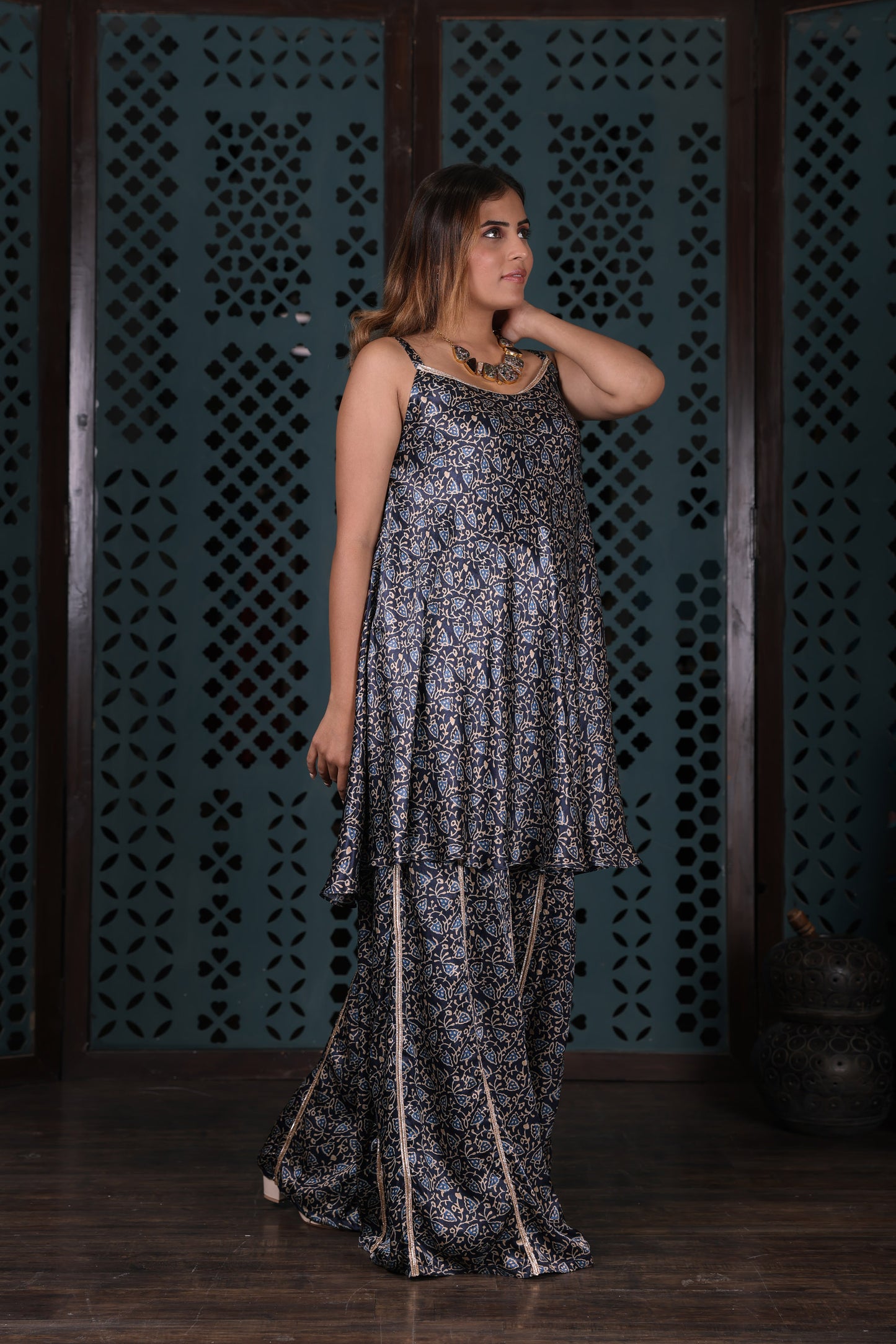 Navy Blue Leaf Print Co-ord Set With Flared Palazzo