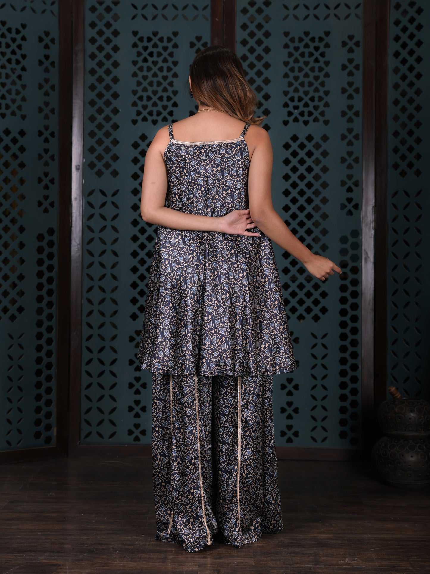 Navy Blue Leaf Print Co-ord Set With Flared Palazzo