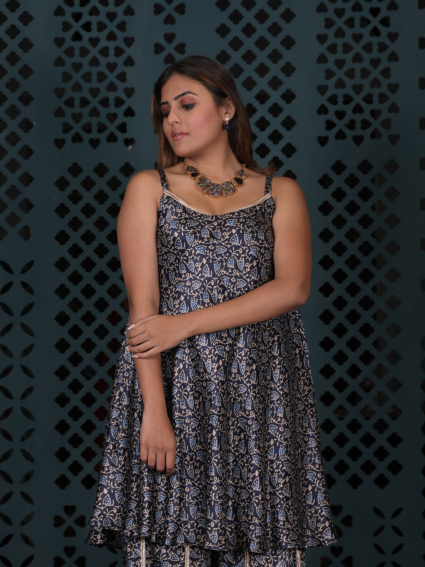 Navy Blue Leaf Print Co-ord Set With Flared Palazzo