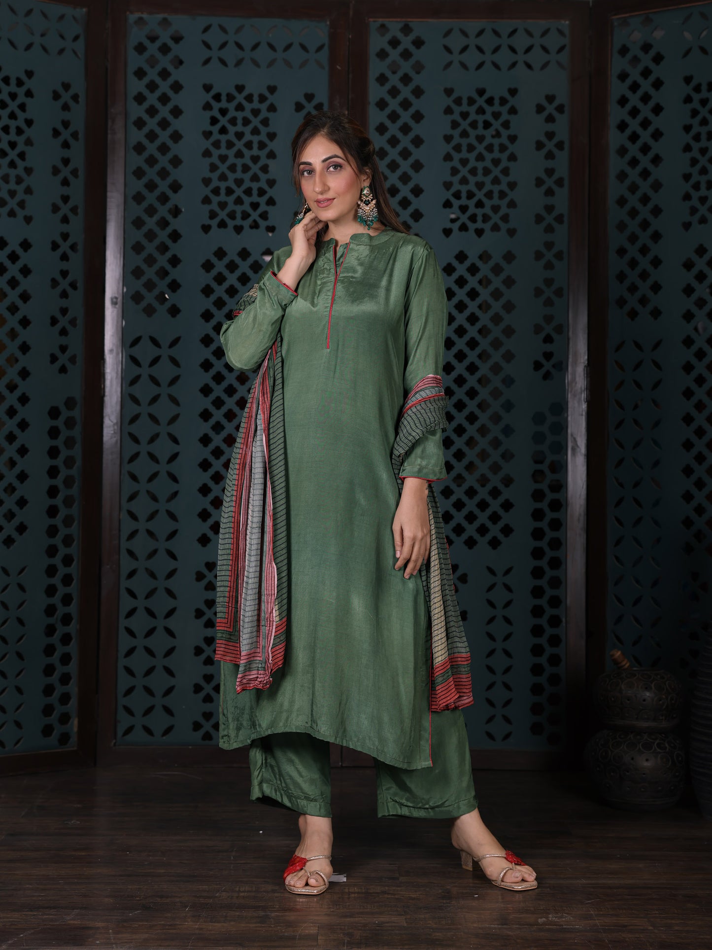 Olive Green Straight Kurta Set With Pants & Dupatta
