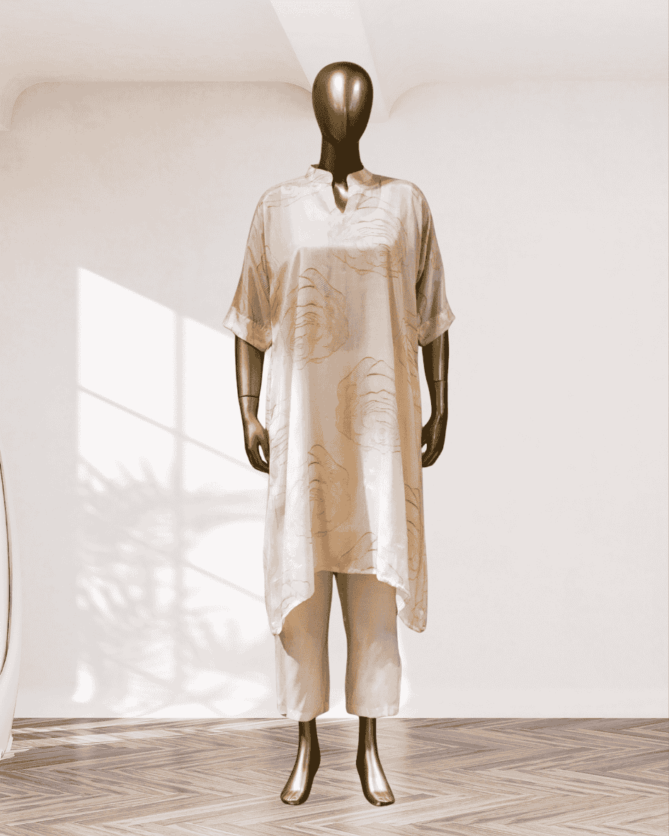 Ivory Muslin Rose Print Tunic Set