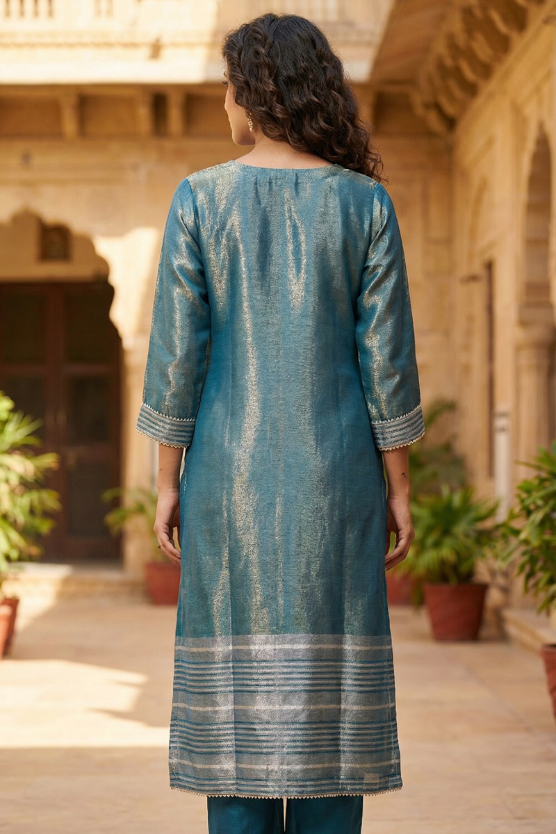 Zari Work Kurta Set - Teal