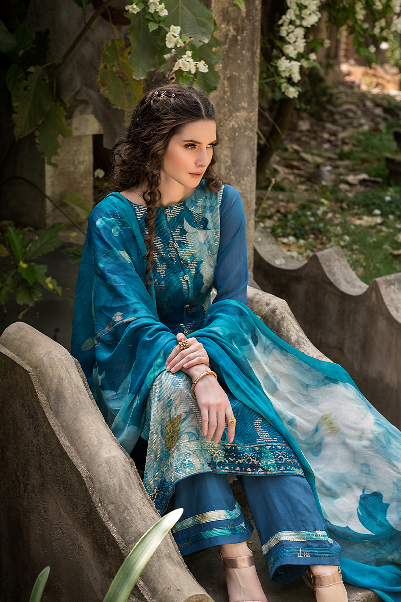 Peacock Teal Muslin Suit Set – Floral Print with Sequin Work (3-Piece)