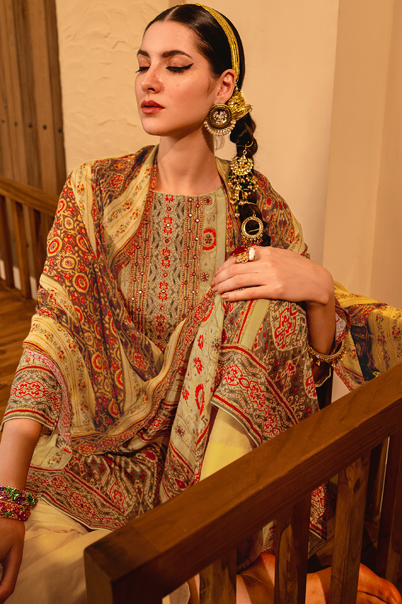 Sage Green Viscose Muslin Hand Print Suit Set with Multicolour Dupatta - 3 Piece