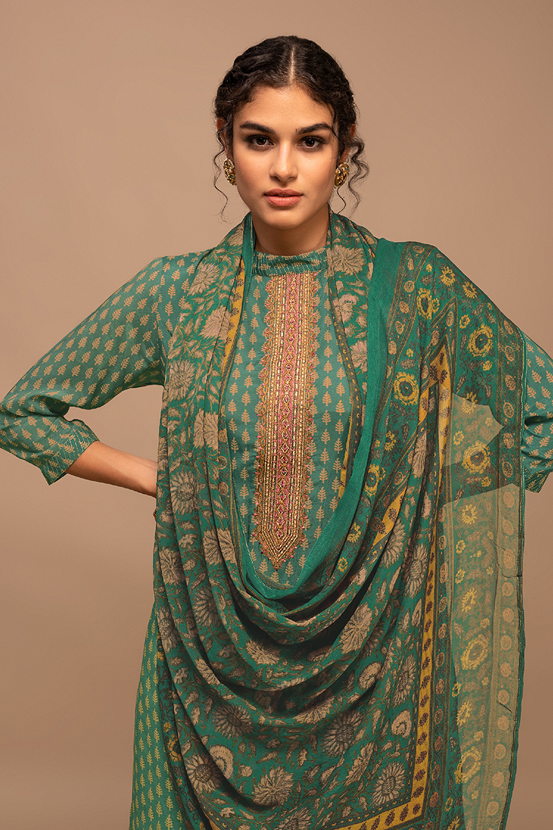 Teal Viscose Muslin Buti Block Print Suit Set with Multicolour Floral Dupatta - 3 Piece