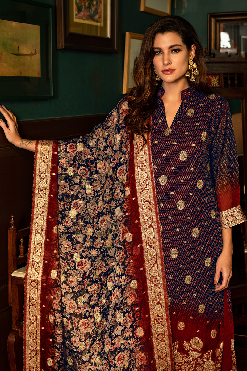 Navy Blue Heavy Organza Jacquard Butti Suit Set with Maroon Banarasi Floral Dupatta - 3 Piece