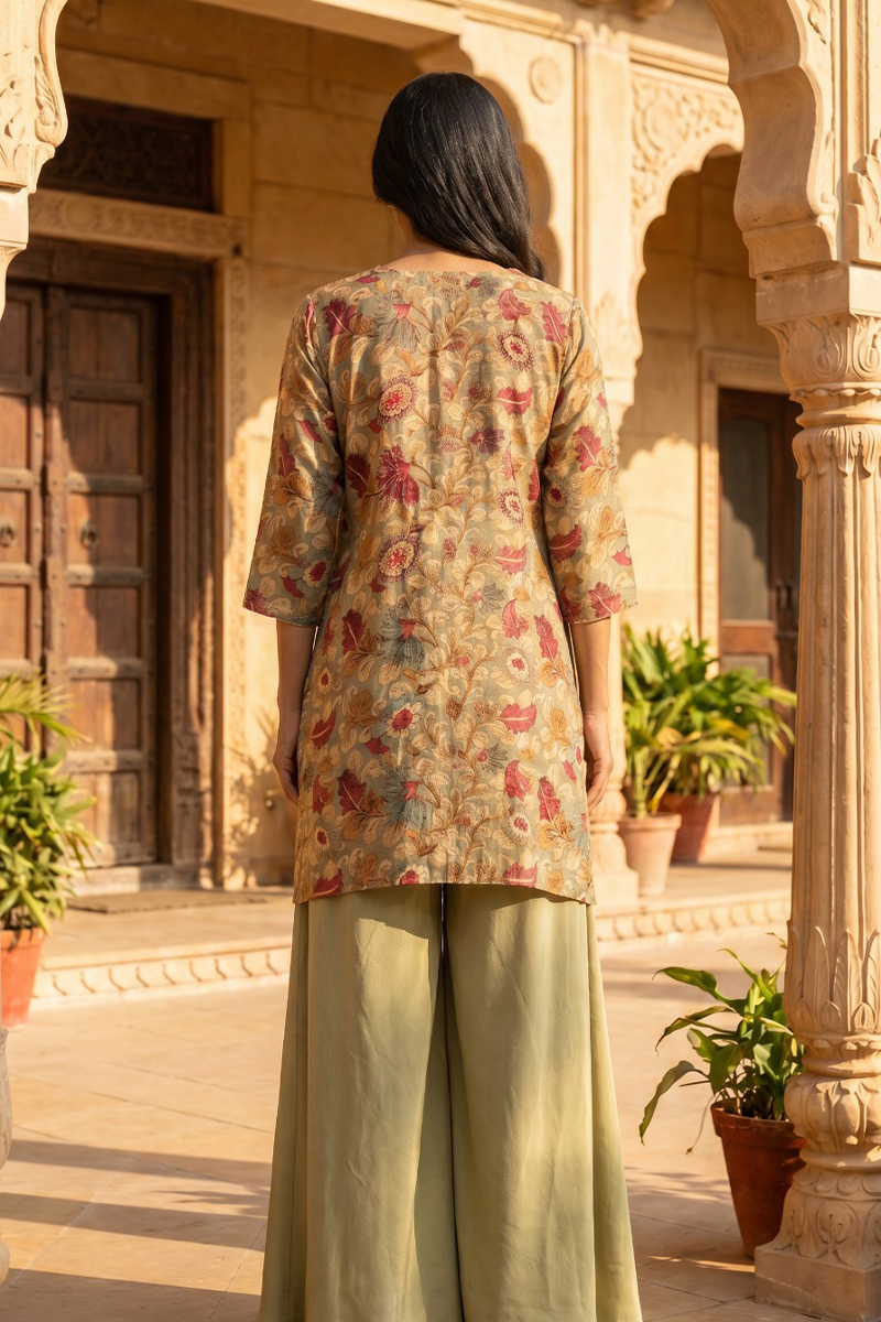 Earthy Floral Vine Kalamkari Co-Ord Set in Dola Silk