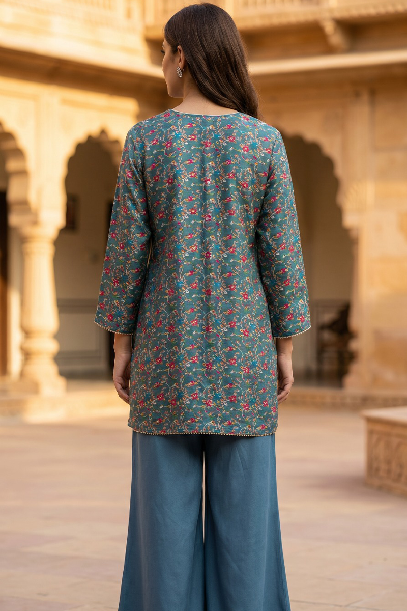 Teal Kalamkari Floral Dola Silk Co-Ord Set