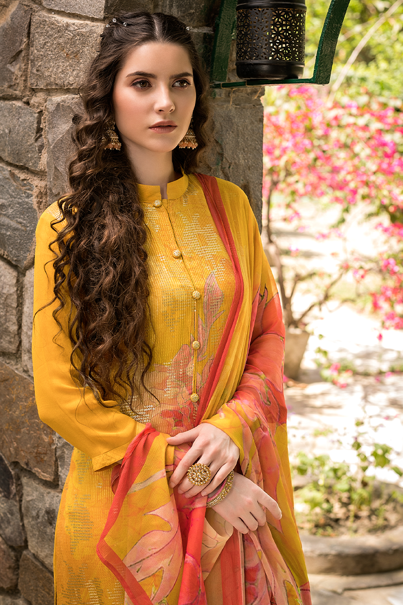Mustard Yellow Floral Printed Muslin Suit Set with Sequin Work | 3-Piece