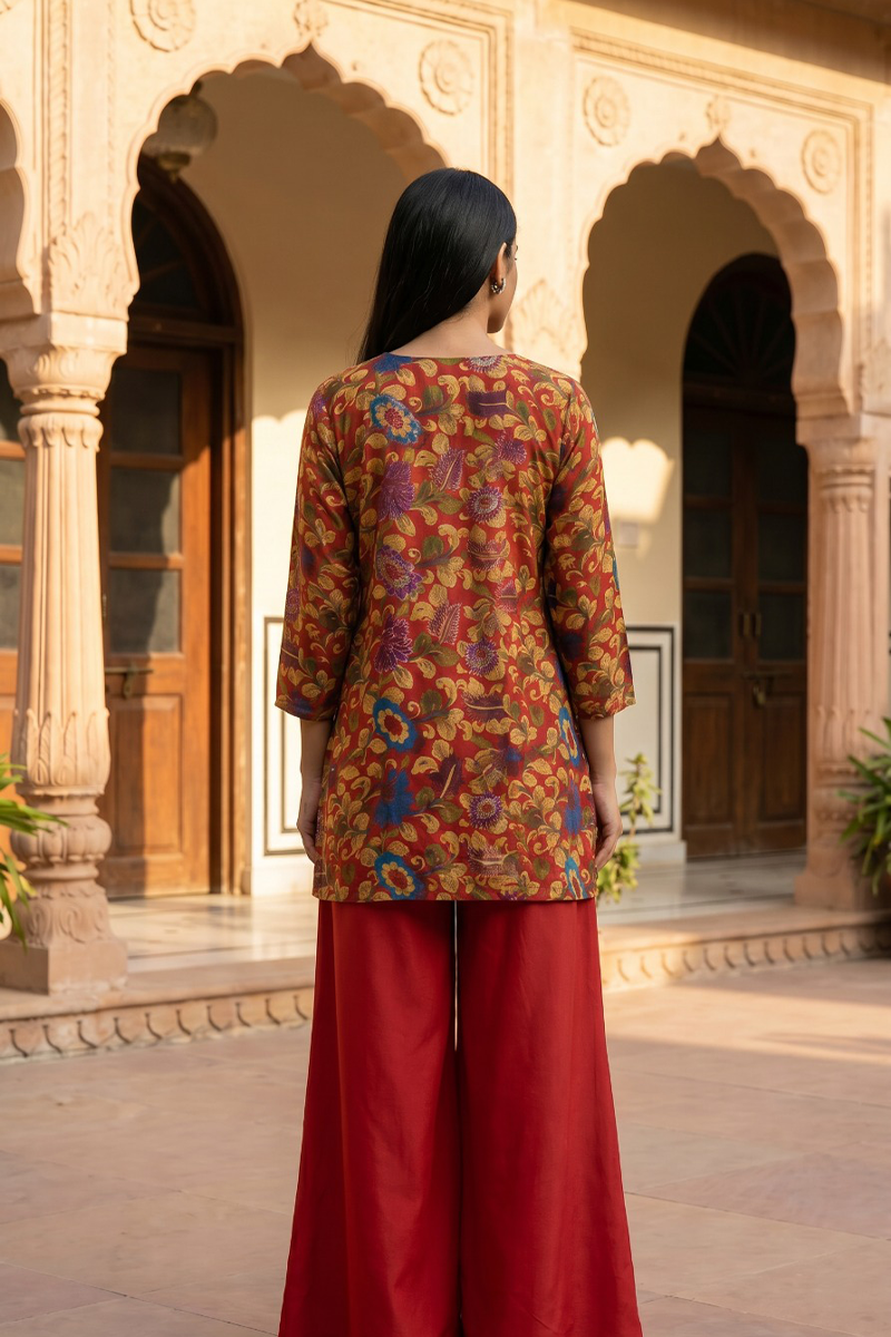 Festive Kalamkari Floral Co-Ord Set in Dola Silk