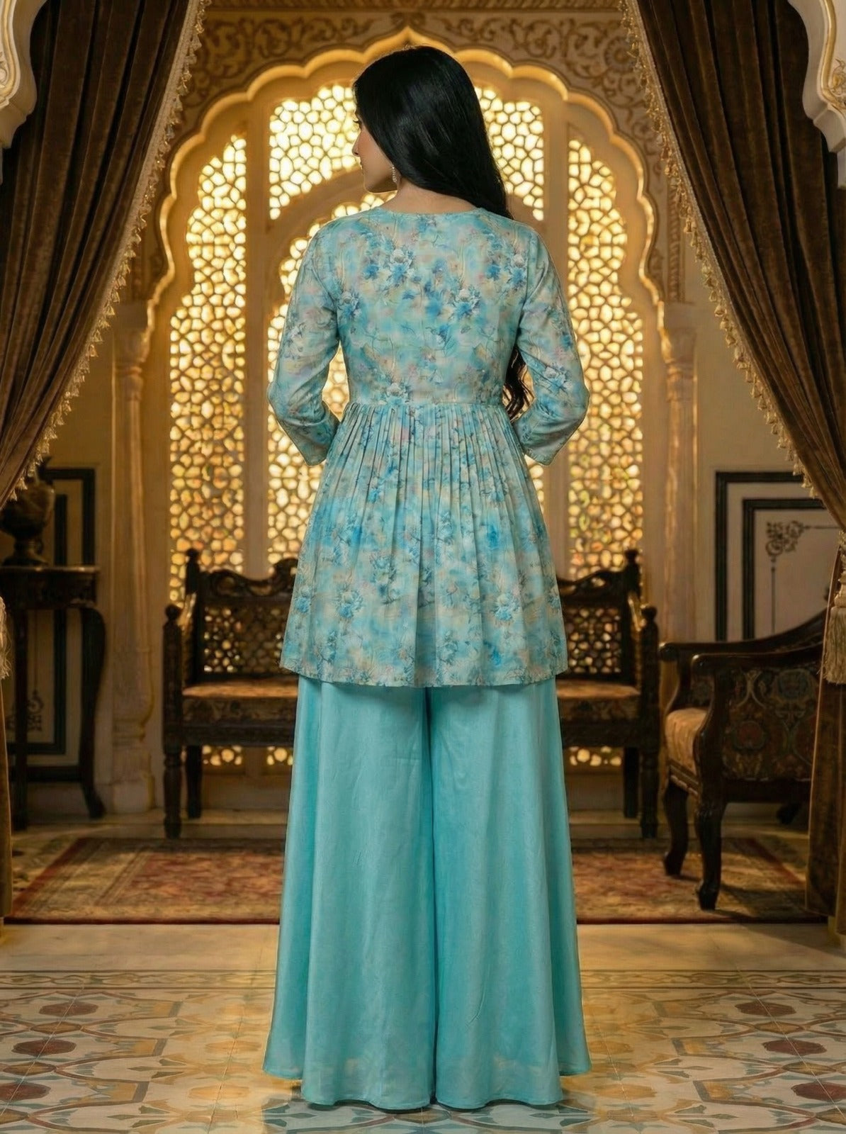 Floral Peplum Palazzo Set – Sky Blue