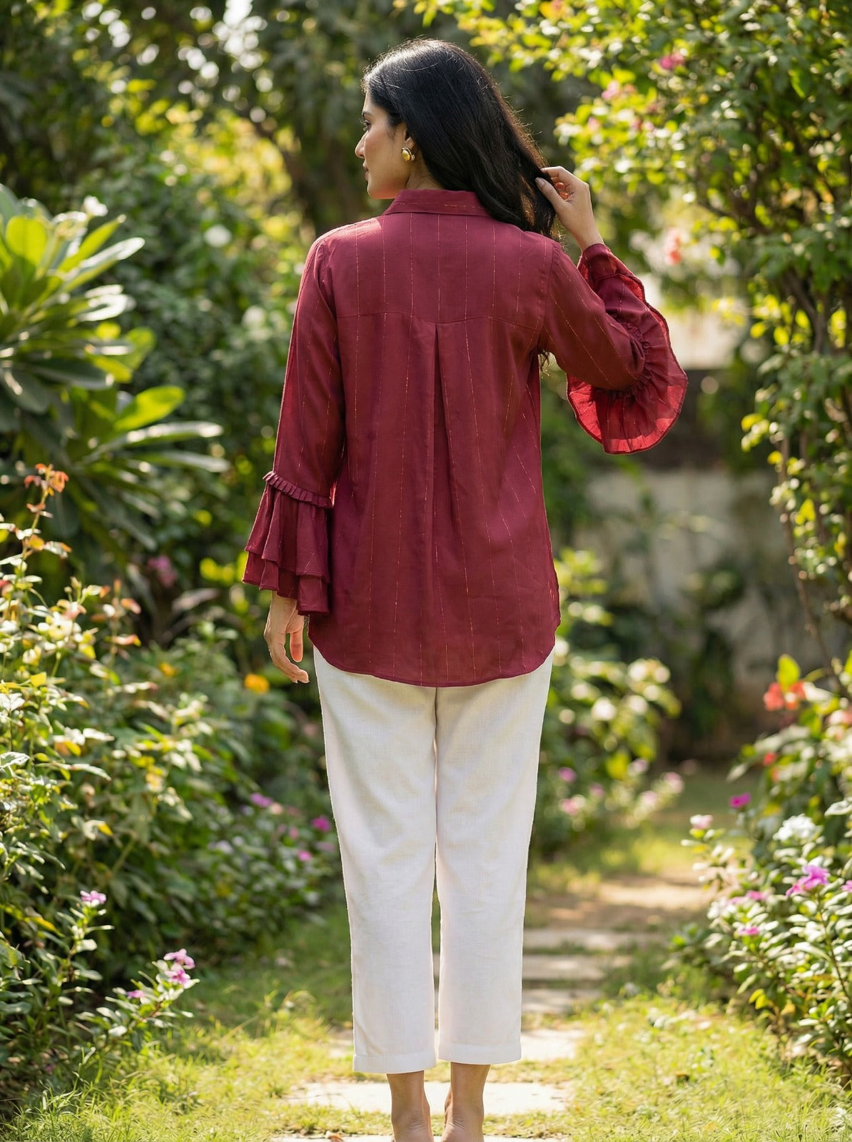 Maroon Tiered Bell Sleeves Shirt