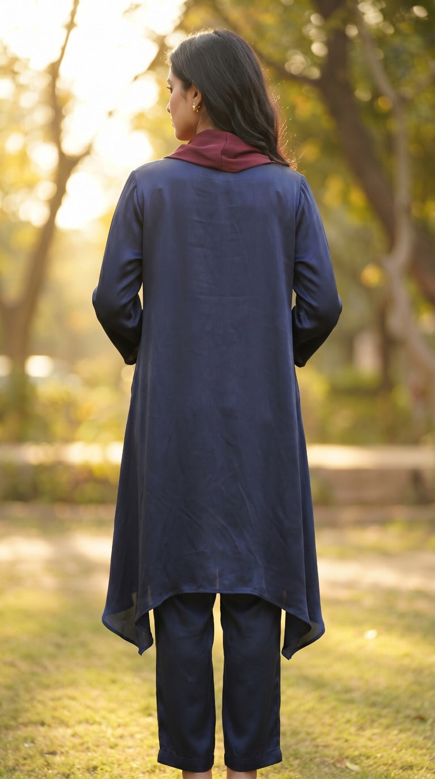 Cowl Neck Co-ord Set - Navy Blue & Wine