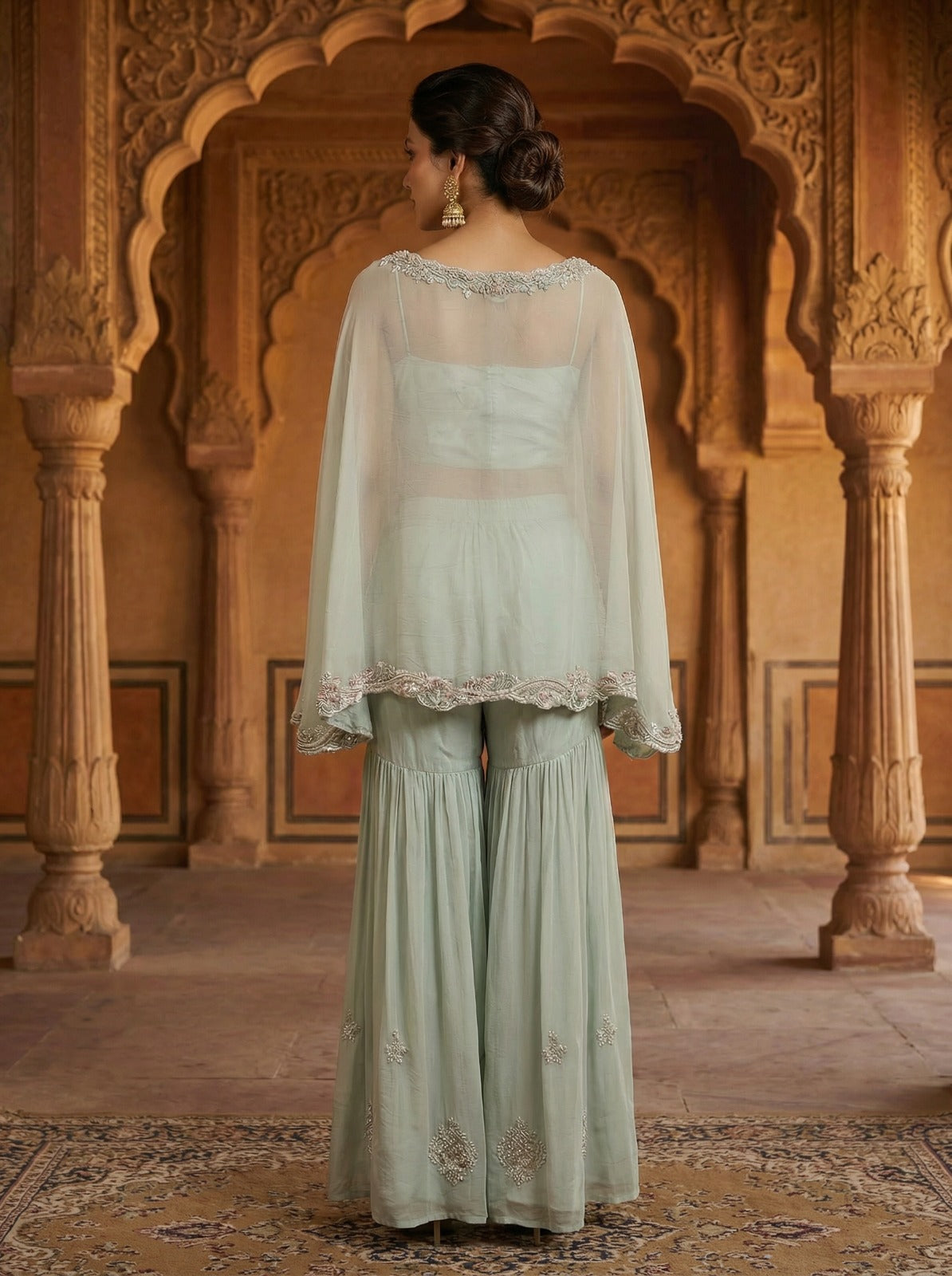 Mint Mist Embroidered Organza Cape Sharara Set