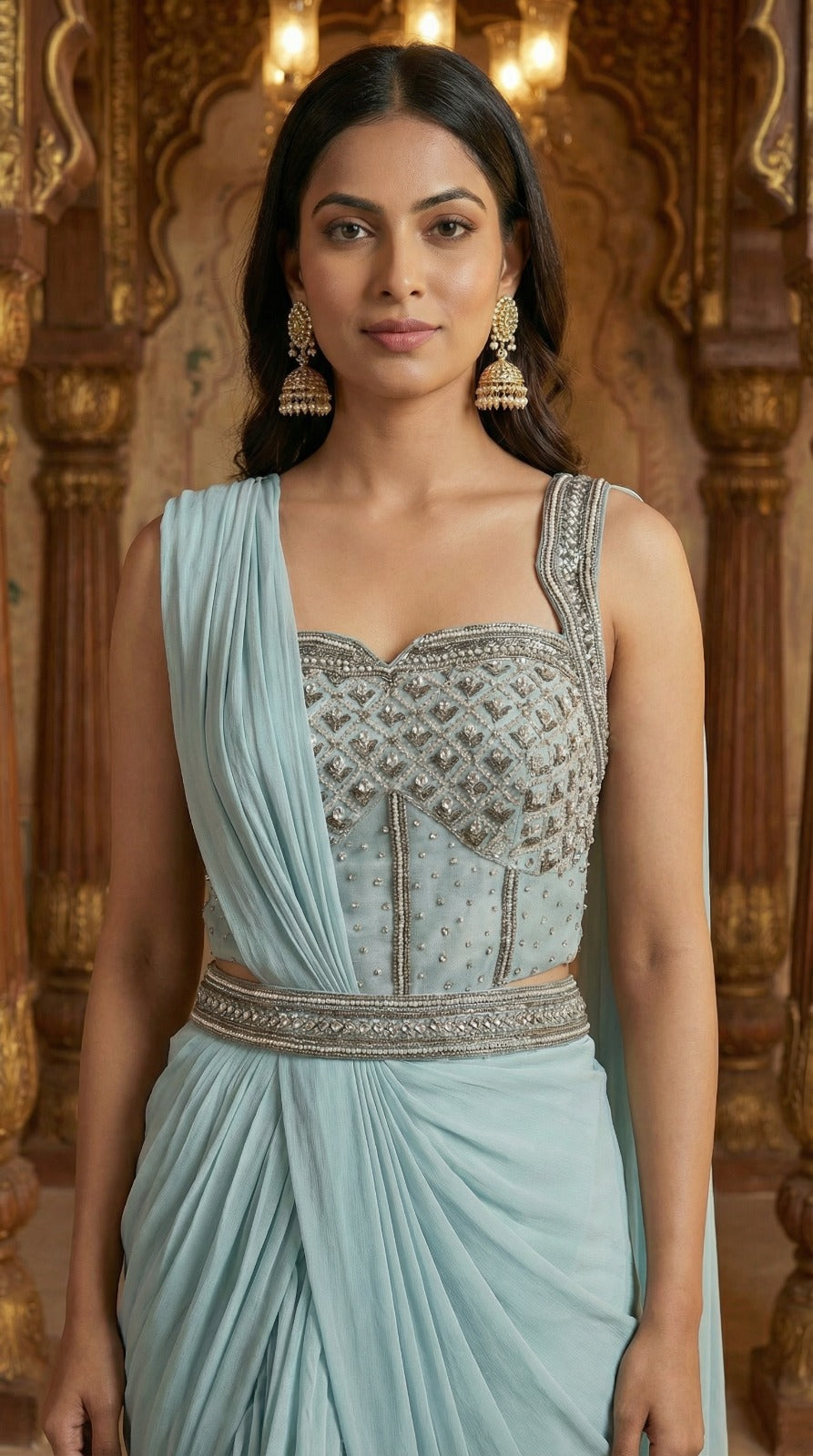 Powder Blue Ruffle Pre-Draped Georgette Saree with Embellished Blouse