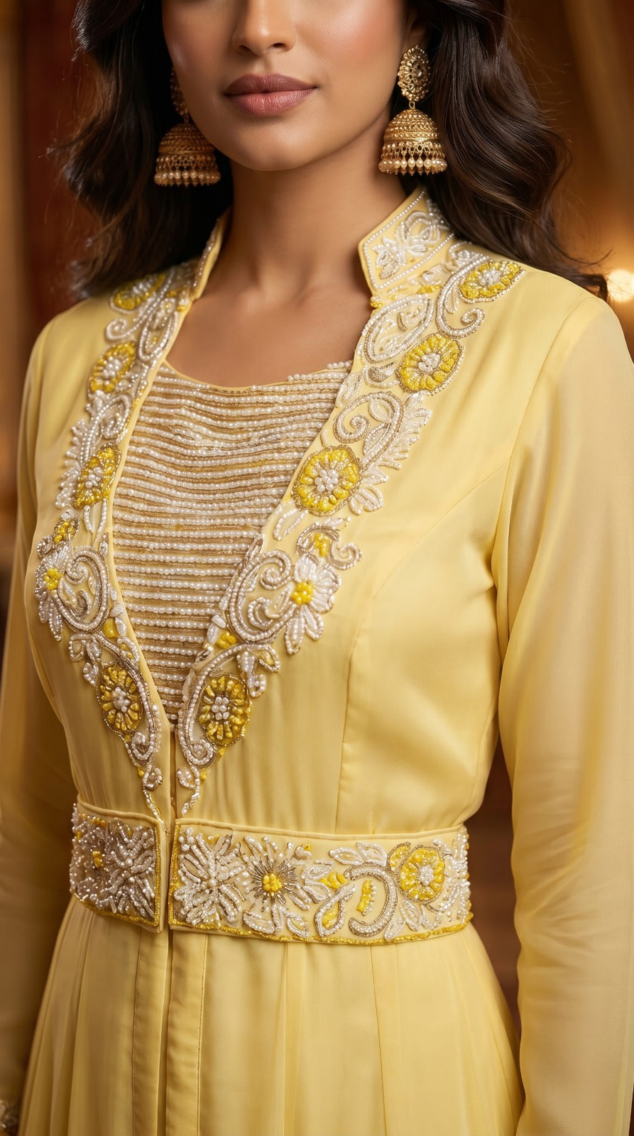Pastel Yellow Organza Layered Gown Set