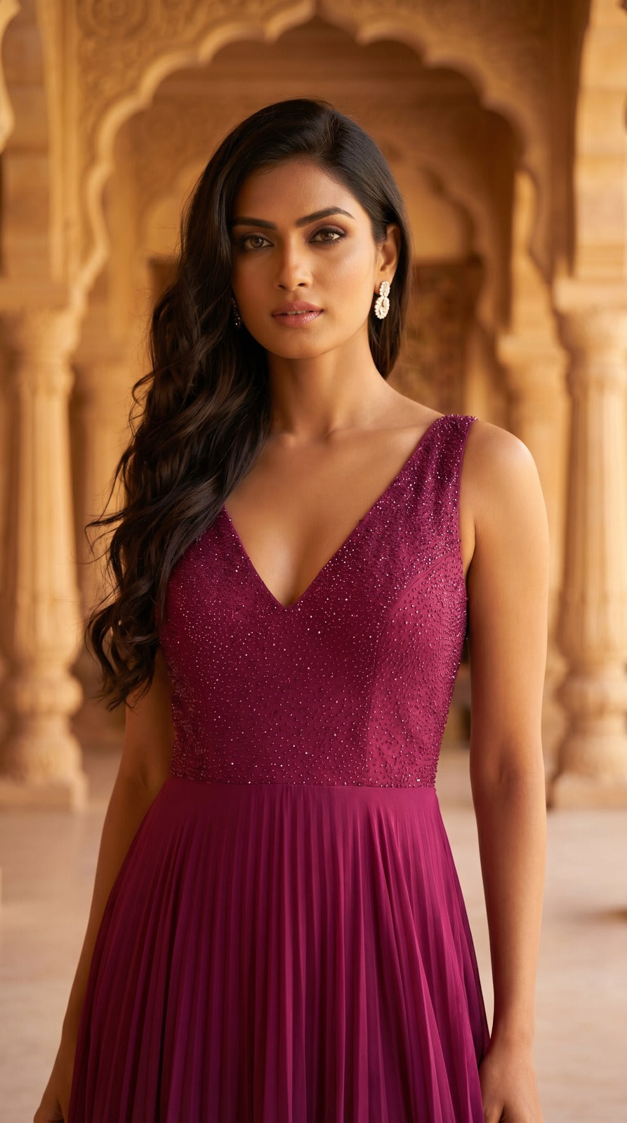 Magenta Georgette V-Neck Embellished Gown