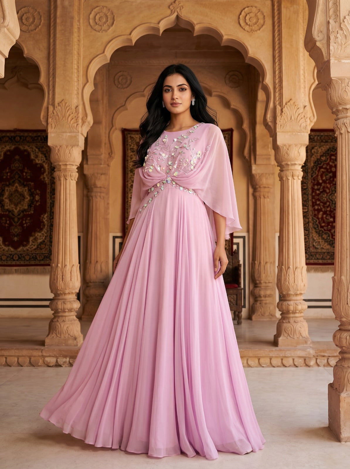 pink cape sleeve dress Blush Georgette Embellished Gown – Saanjaa CL137161081 Pink Princess ✨, Royal Fall & Winter Shop Color:Ombre As Picture