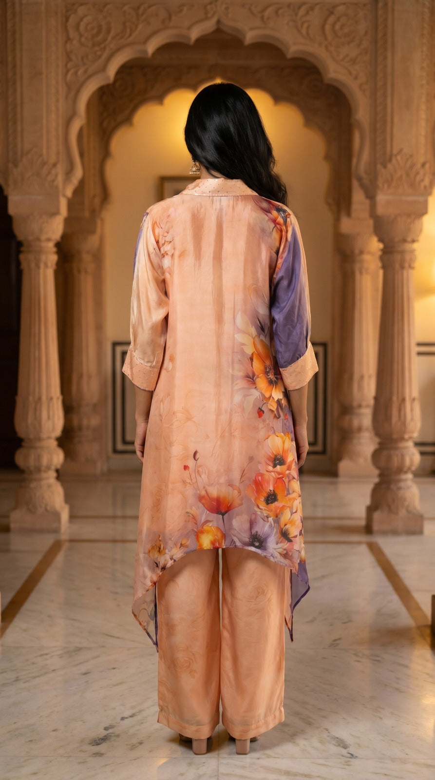 Peach Floral Crepe Silk Asymmetric Kurta Set