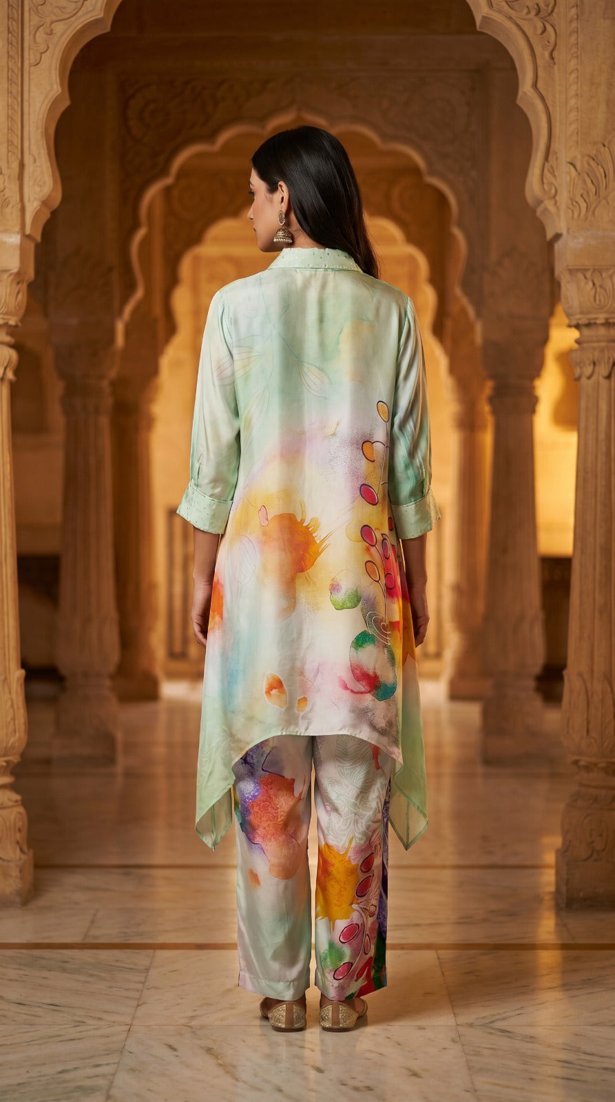 Mint Multicolour Abstract Crepe Silk Tunic Set