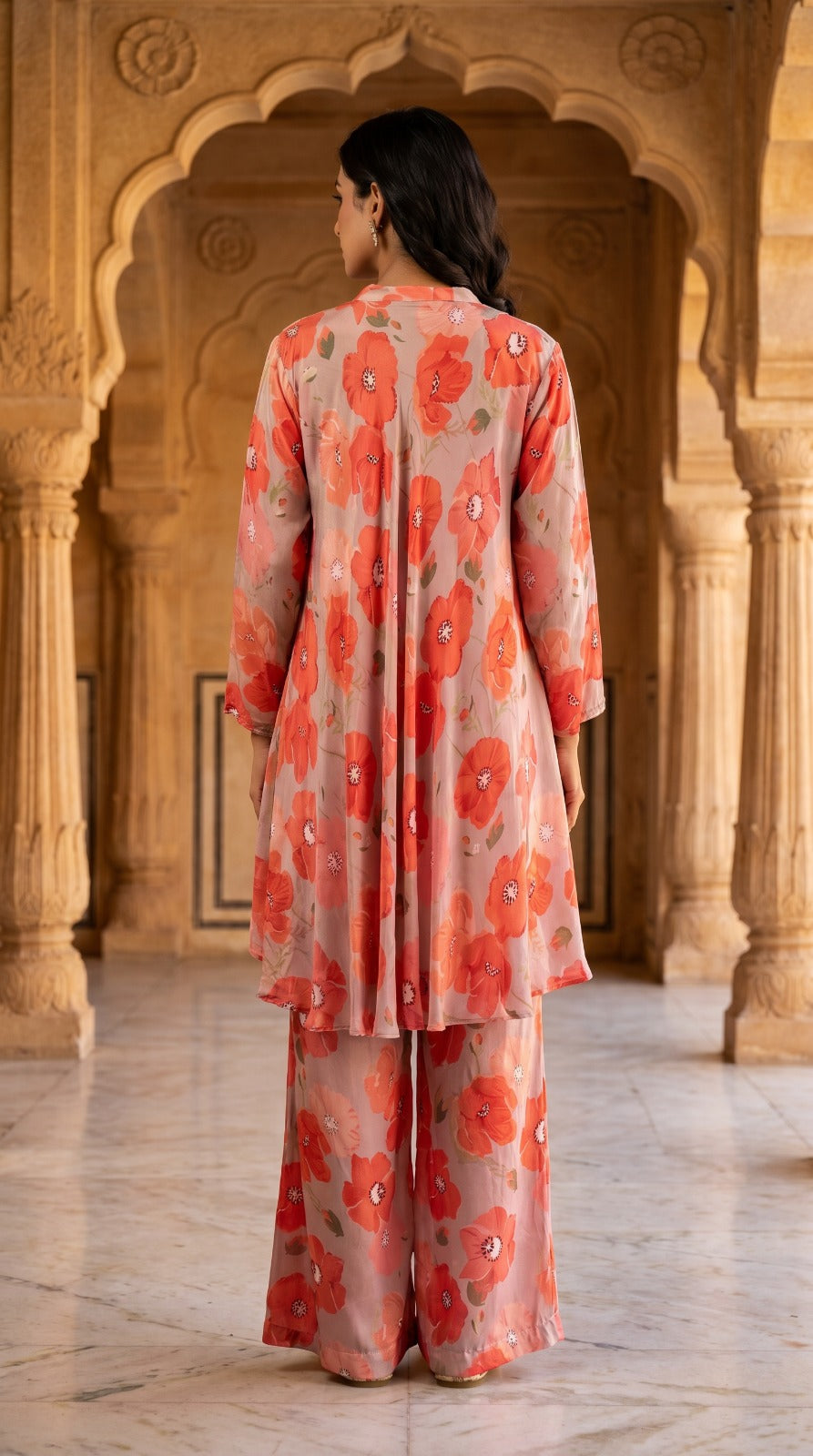 Coral Bloom Handcrafted Crepe Silk Co-ord Set